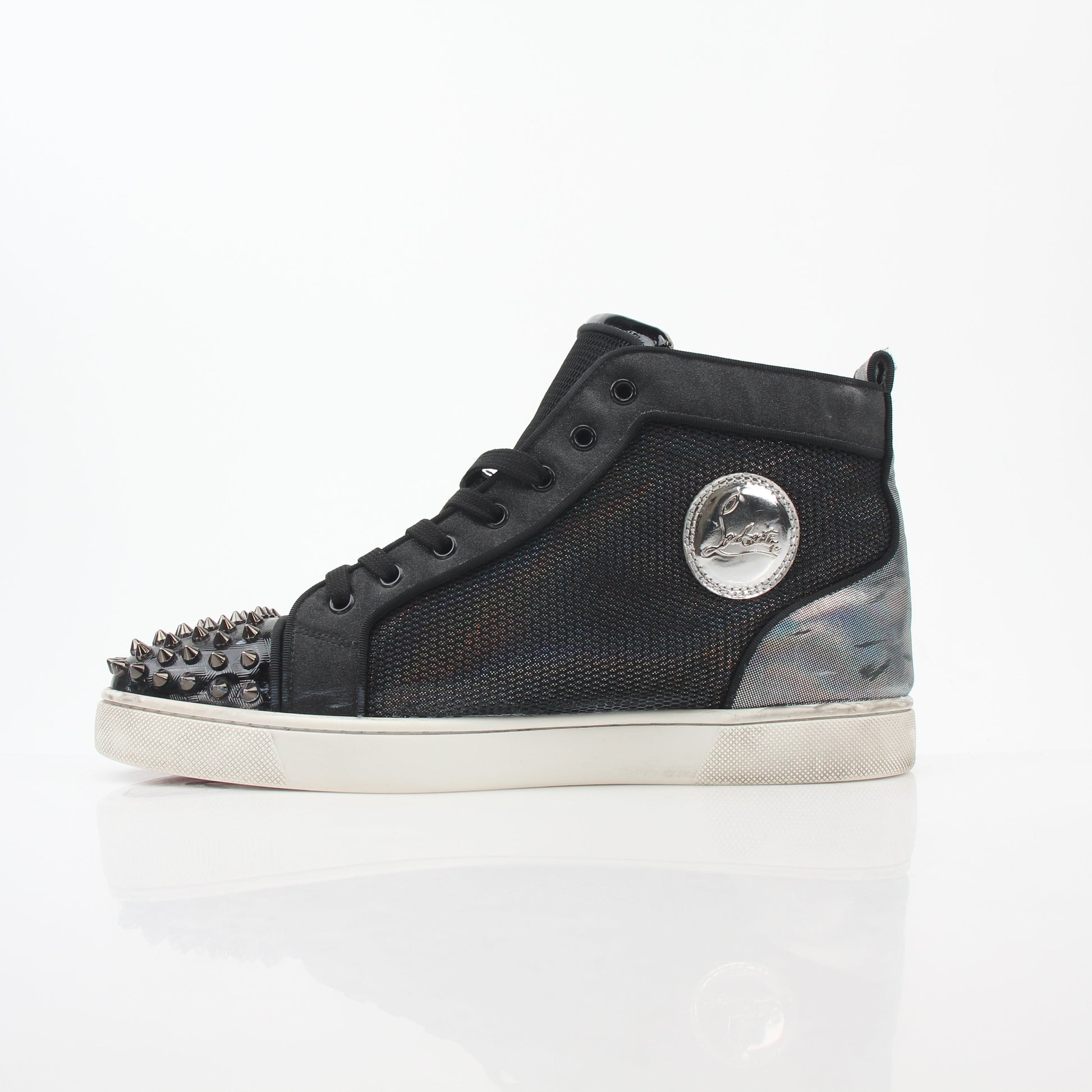 Christian Louboutin men's Lou Spikes Orlato black high-top sneakers with spike detailing and leather construction.