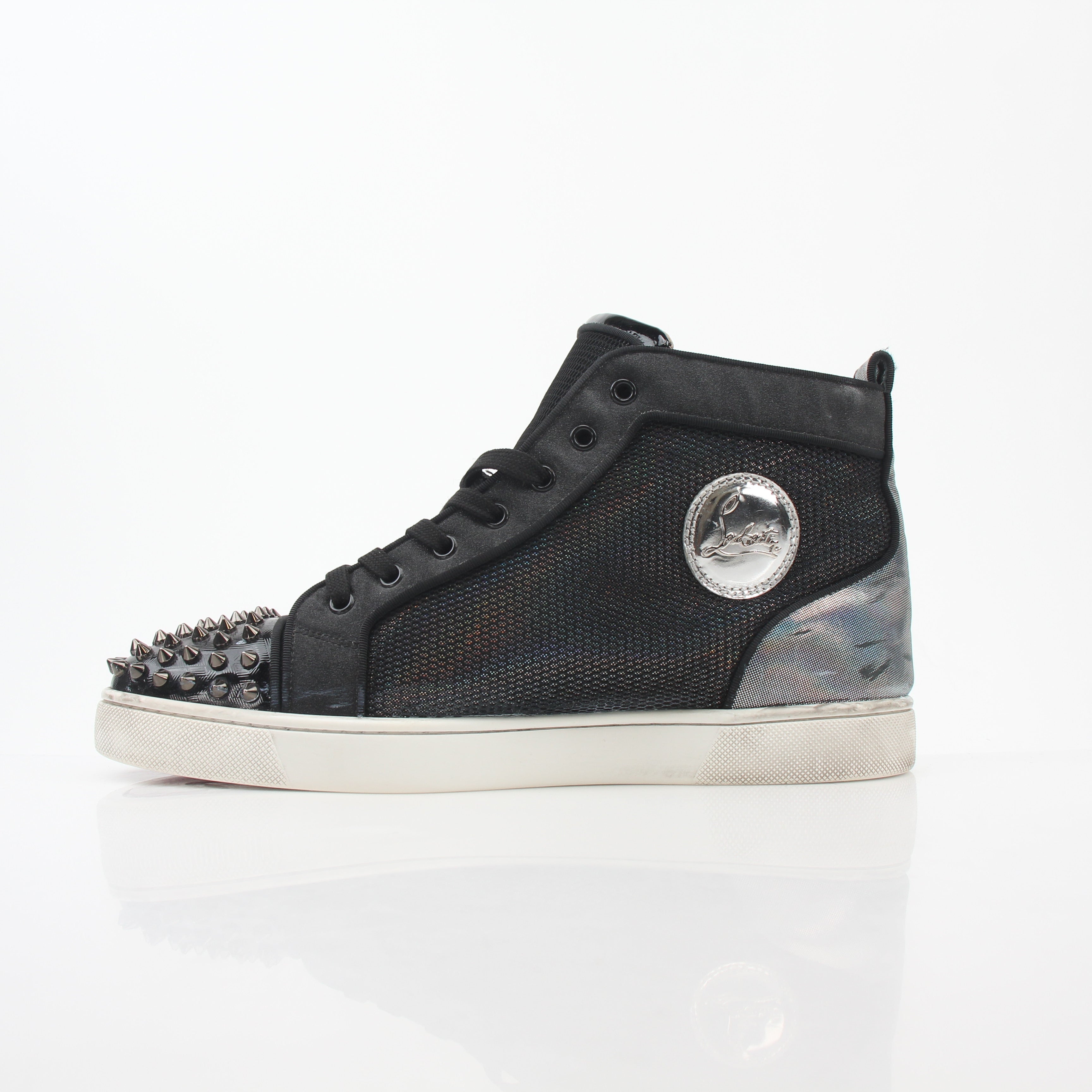 Christian Louboutin men's Lou Spikes Orlato black high-top sneakers with spike detailing and leather construction.