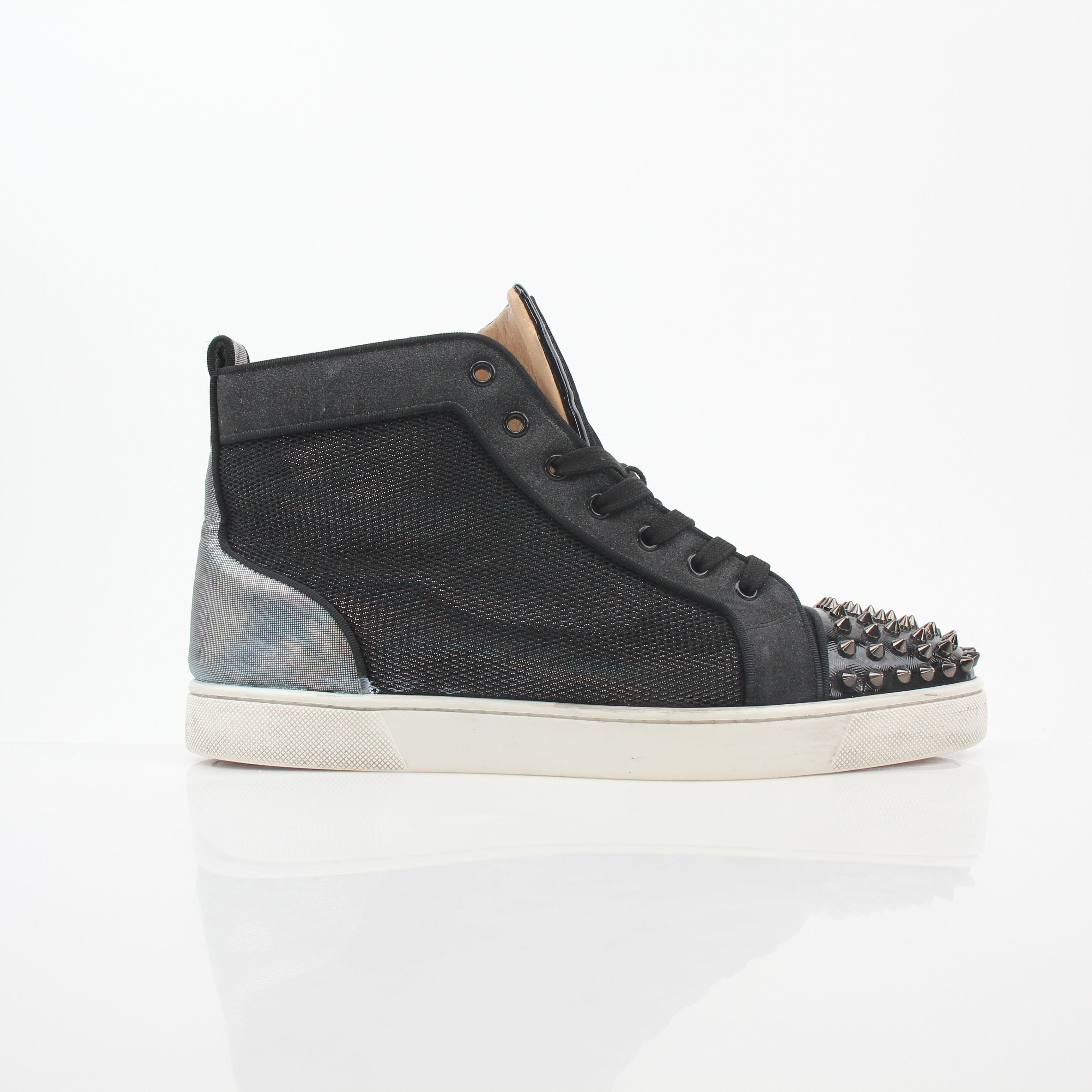Christian Louboutin men's Lou Spikes Orlato black high-top sneakers with signature spikes and sleek design, showcasing stylish footwear.