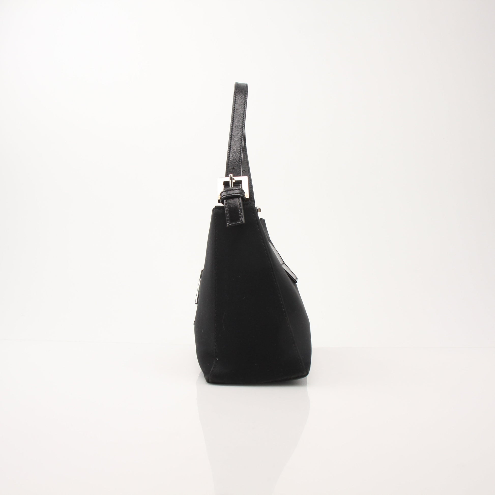 Black neoprene Fendi Baguette shoulder handbag with gold hardware, featuring a sleek, compact design and shoulder strap.