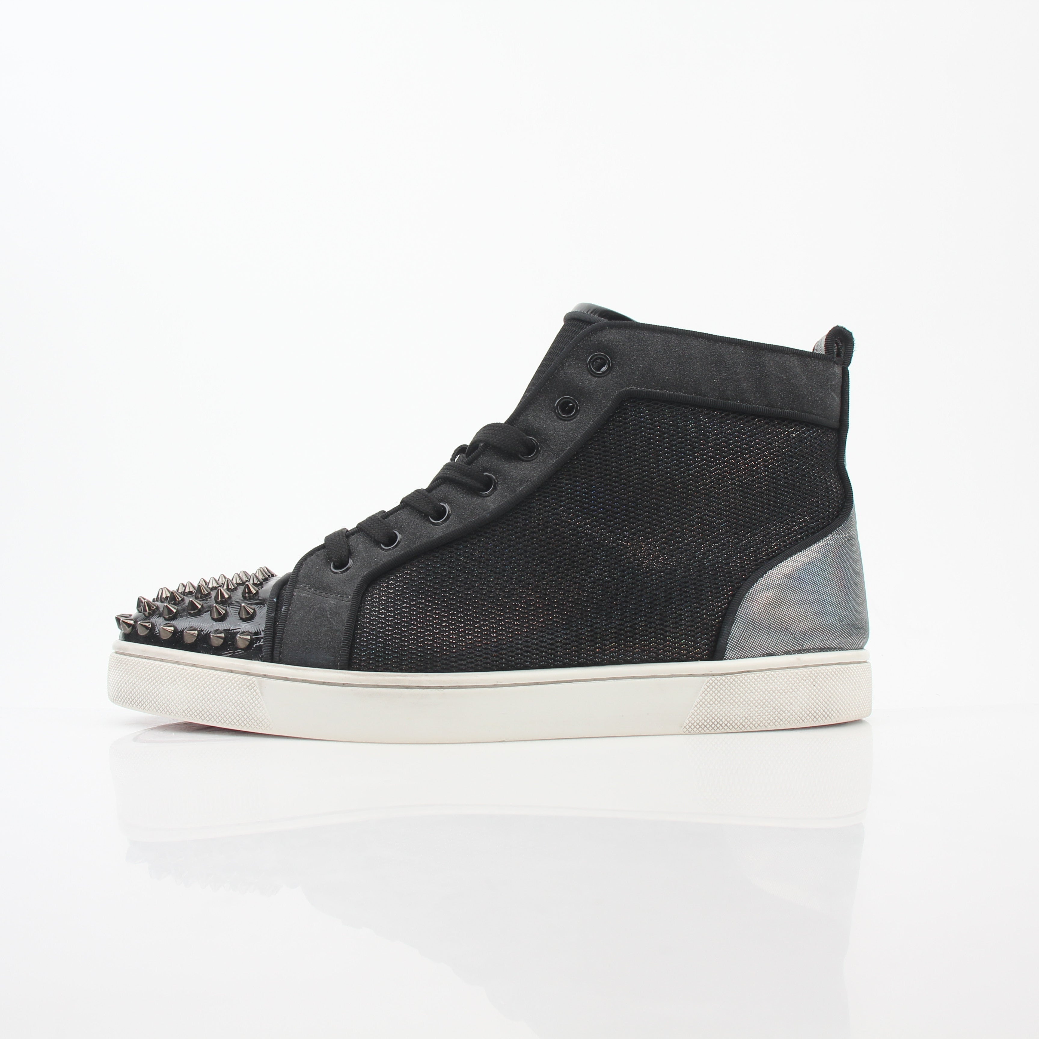 Christian Louboutin men's Lou Spikes Orlato black high-top sneakers with spike details, showcasing stylish black leather shoes.