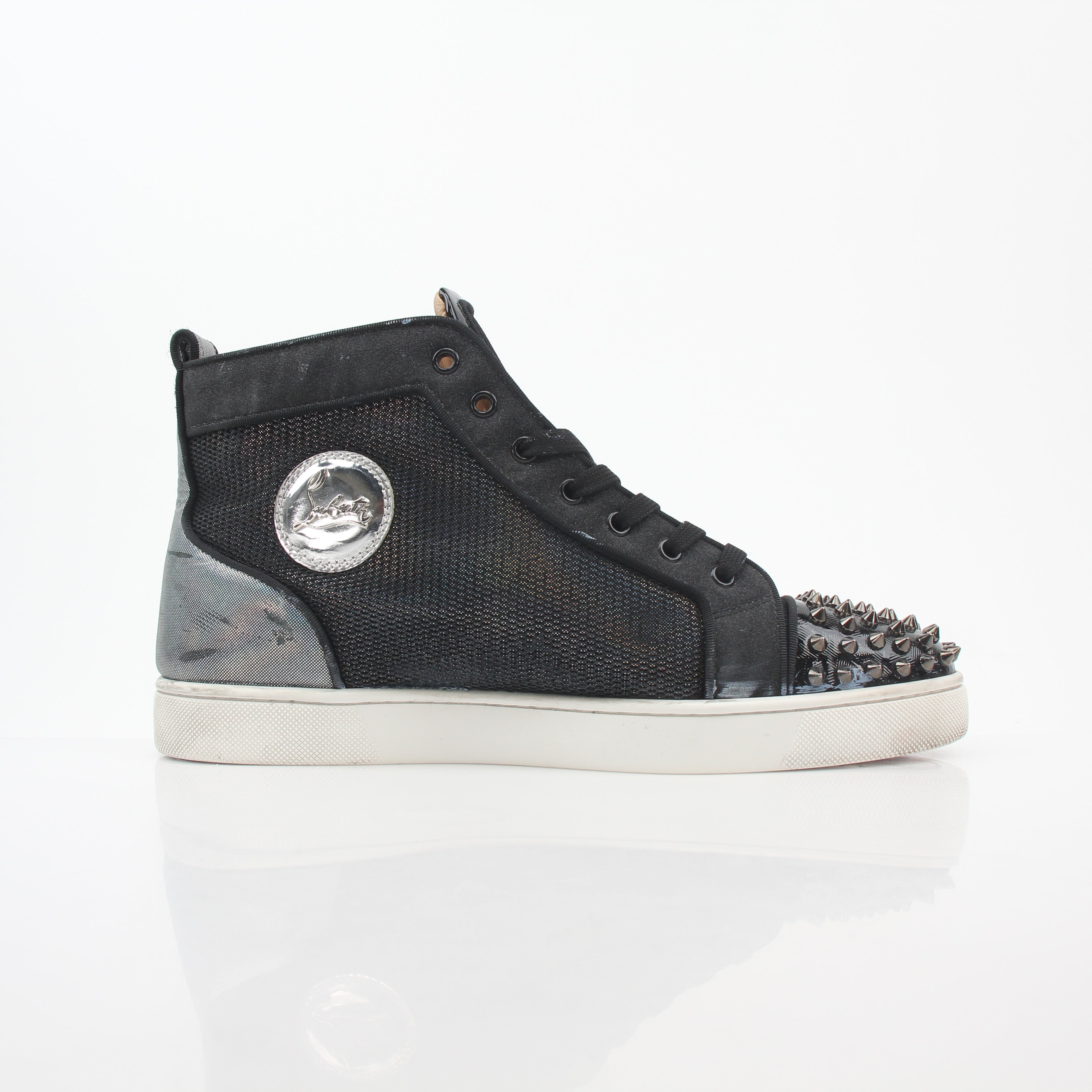 Christian Louboutin men's Lou Spikes Orlato black high-top sneakers with spike detailing and leather construction.