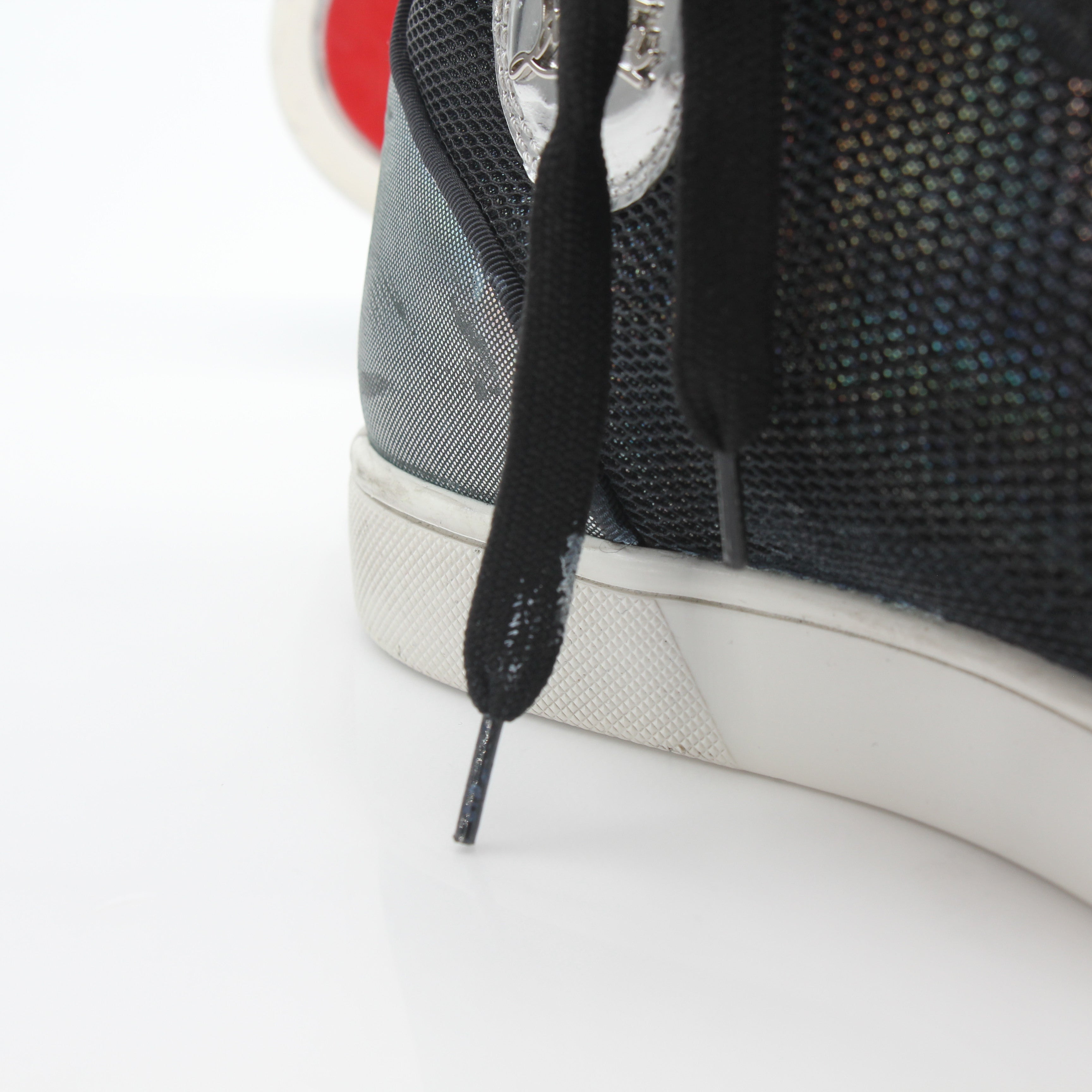 Christian Louboutin men's Lou Spikes Orlato black high-top sneakers with spike details and signature red sole.