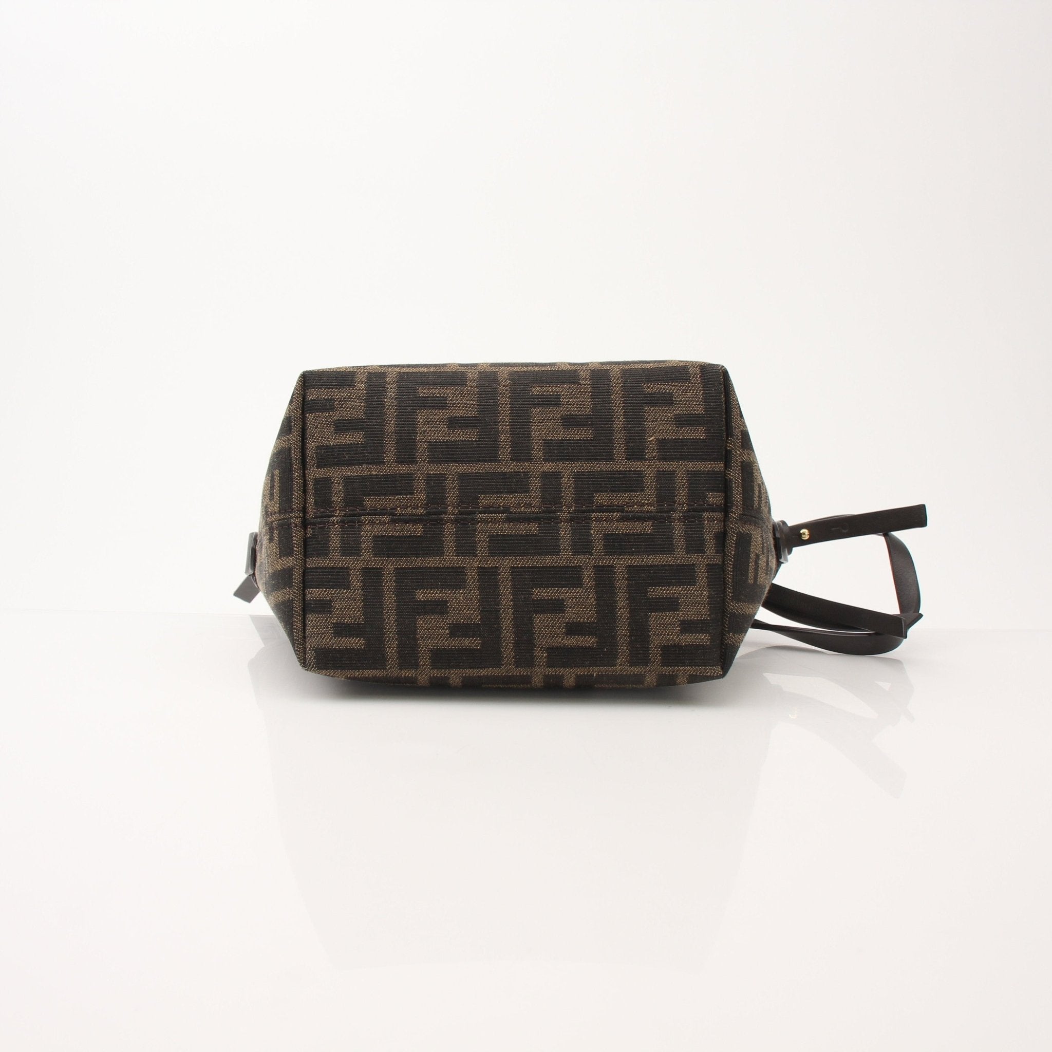 Fendi FF Jacquard Mini Roll Bag handbag with gold-tone hardware and adjustable strap, featuring designer monogram pattern.