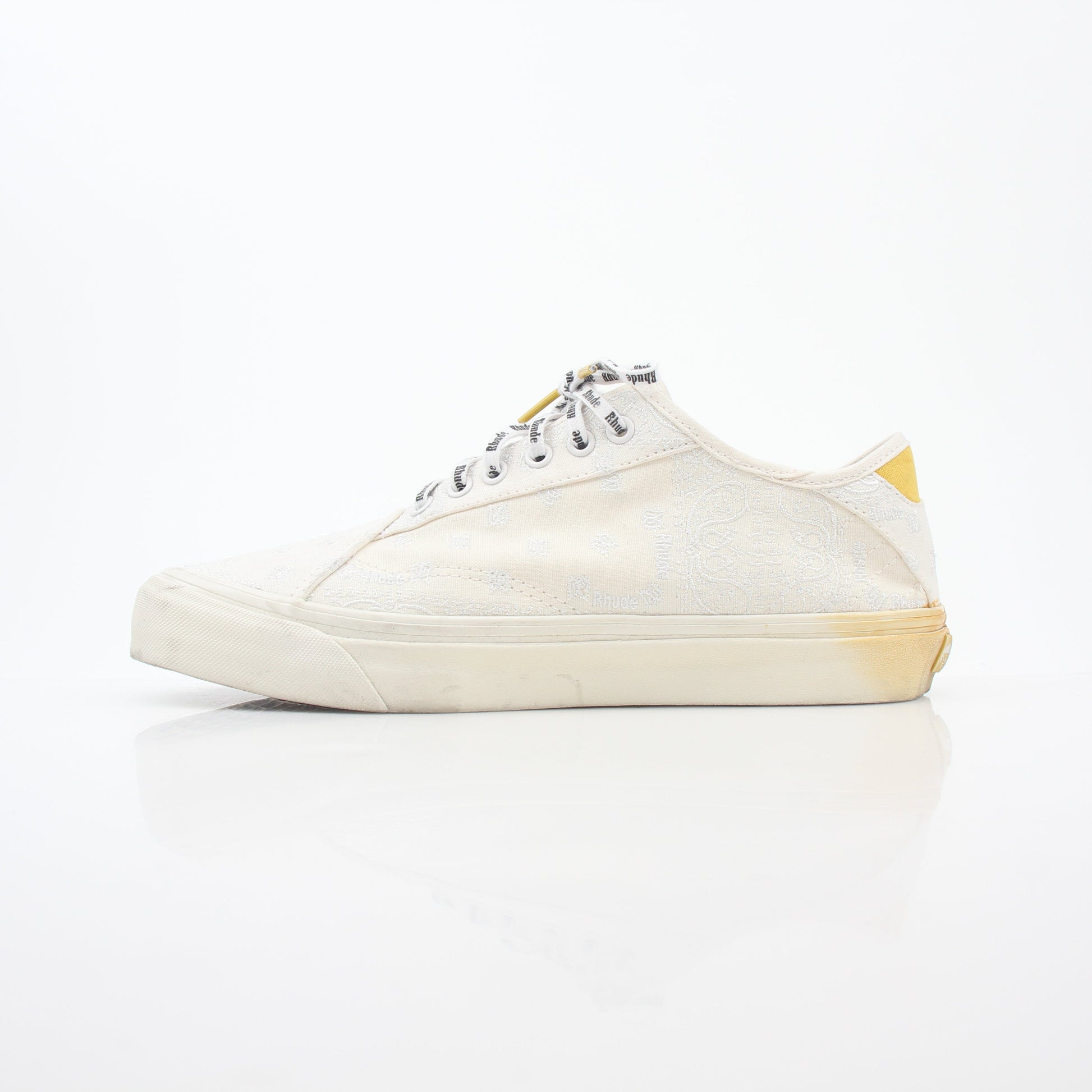 Vans x Rhude Diamo Ni Bandana White sneakers featuring a white canvas upper with bandana pattern and casual lace-up design.