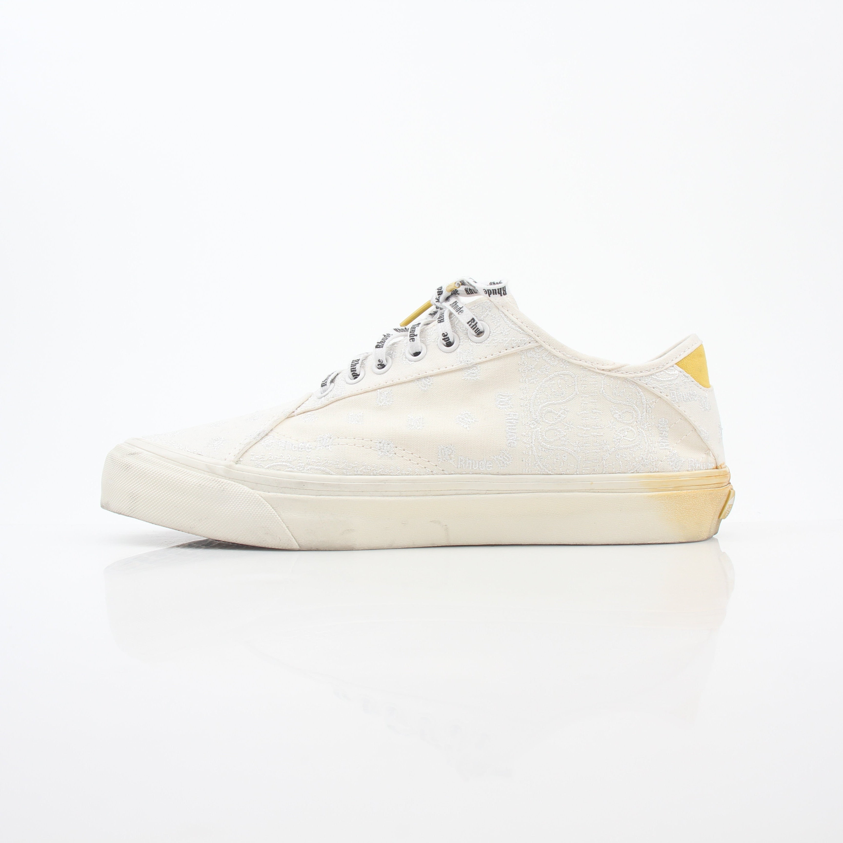 Vans x Rhude Diamo Ni Bandana White sneakers featuring a white canvas upper with bandana pattern and casual lace-up design.