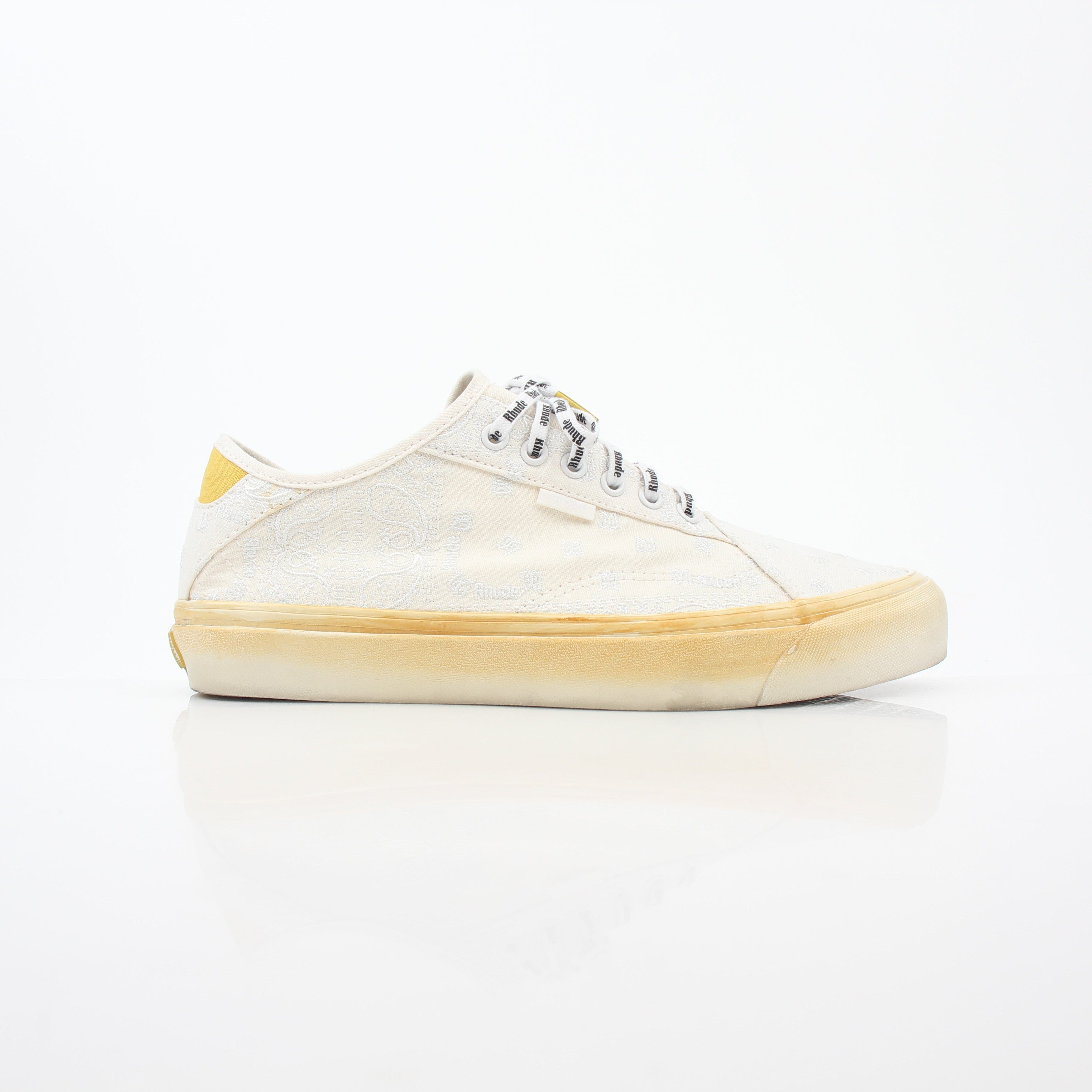 Vans x Rhude Diamo Ni Bandana White Sneakers, stylish casual shoes with bandana design and white canvas material.
