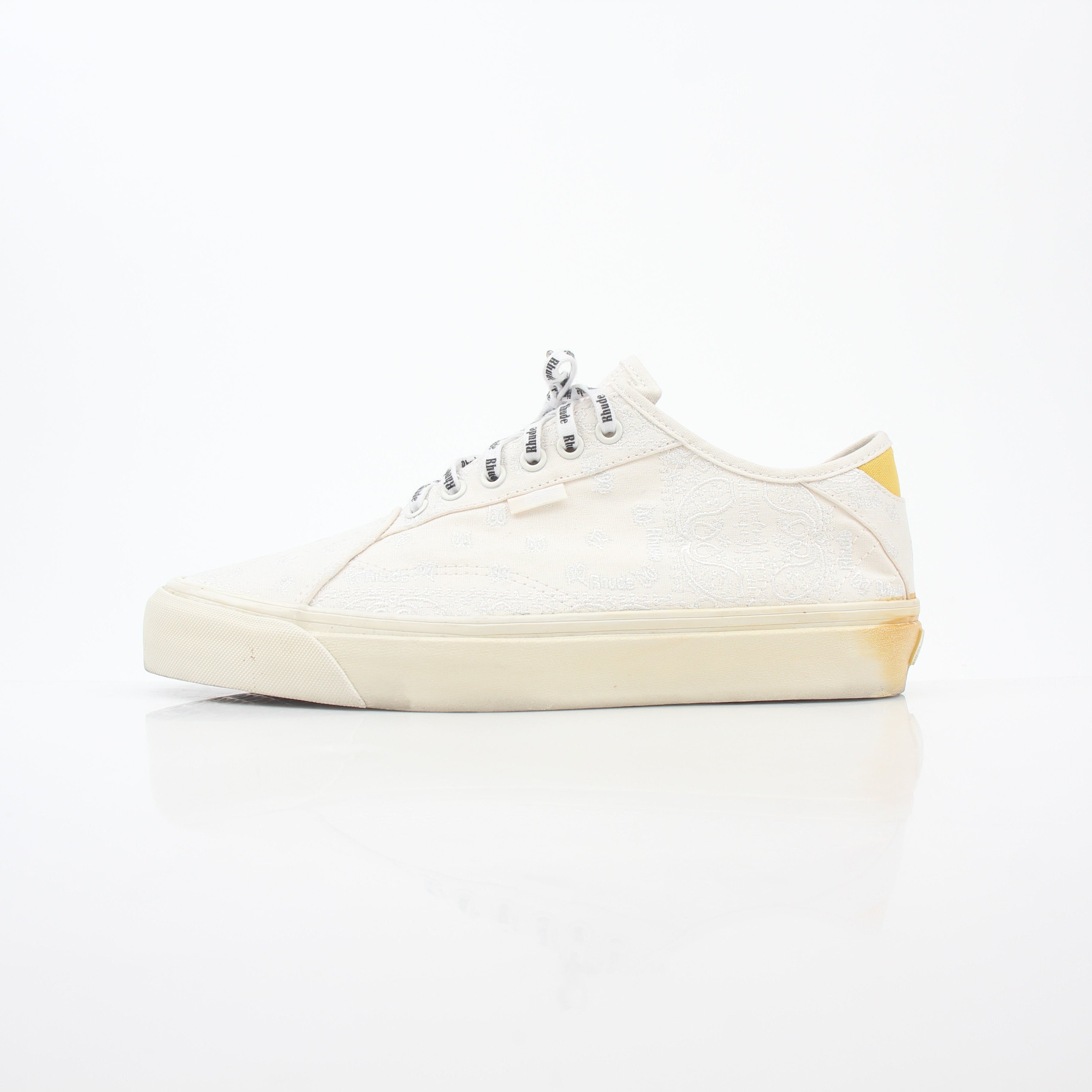Vans x Rhude Diamo Ni Bandana White sneakers with black bandana pattern and white rubber soles, stylish casual shoes by Gold & Beyond
