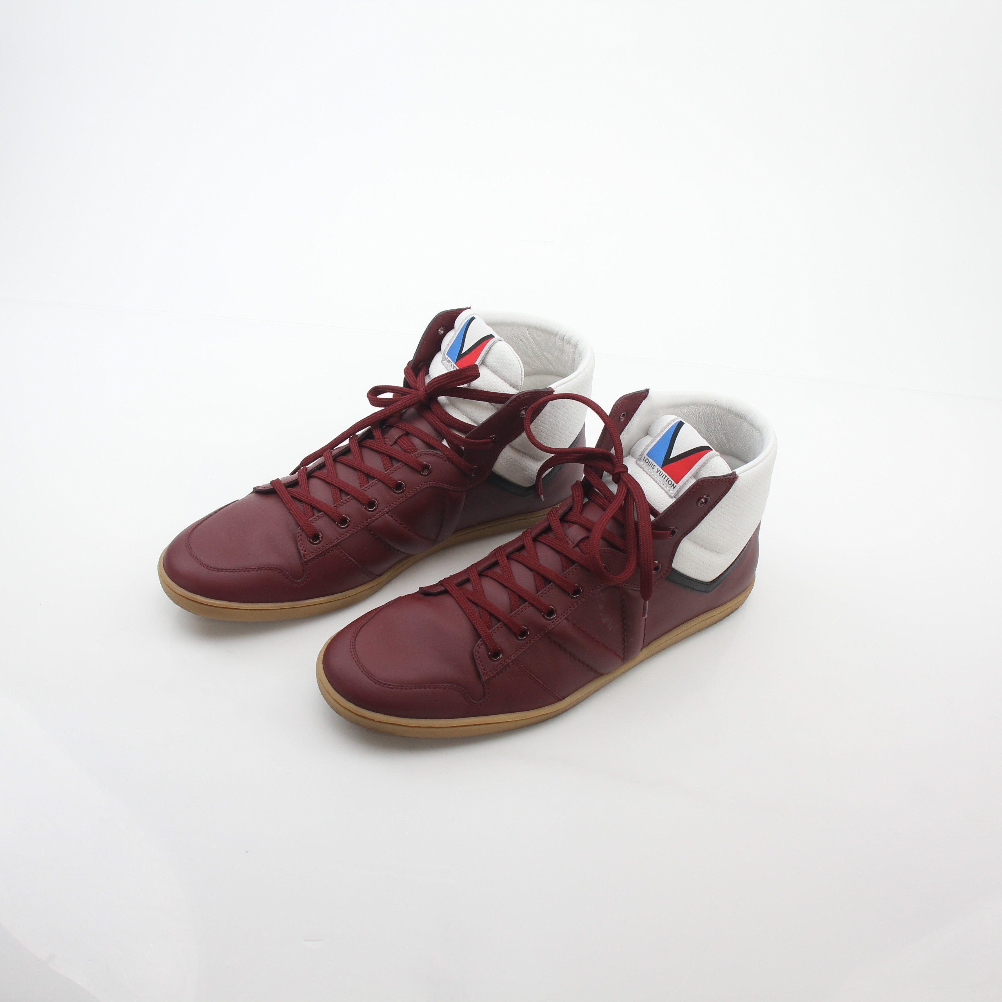 Louis Vuitton Burgundy Spitfire high-top sneakers by Gold & Beyond, featuring leather material and stylish design.