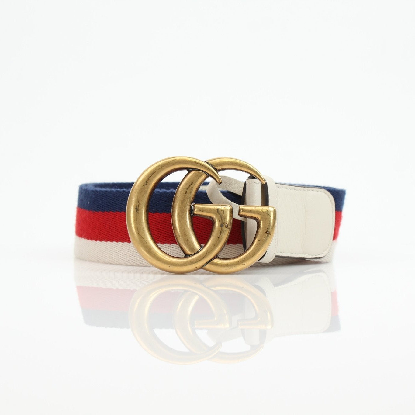Gucci Marmont Web Canvas Belt in beige and green with gold-tone buckle, stylish accessories for men and women.