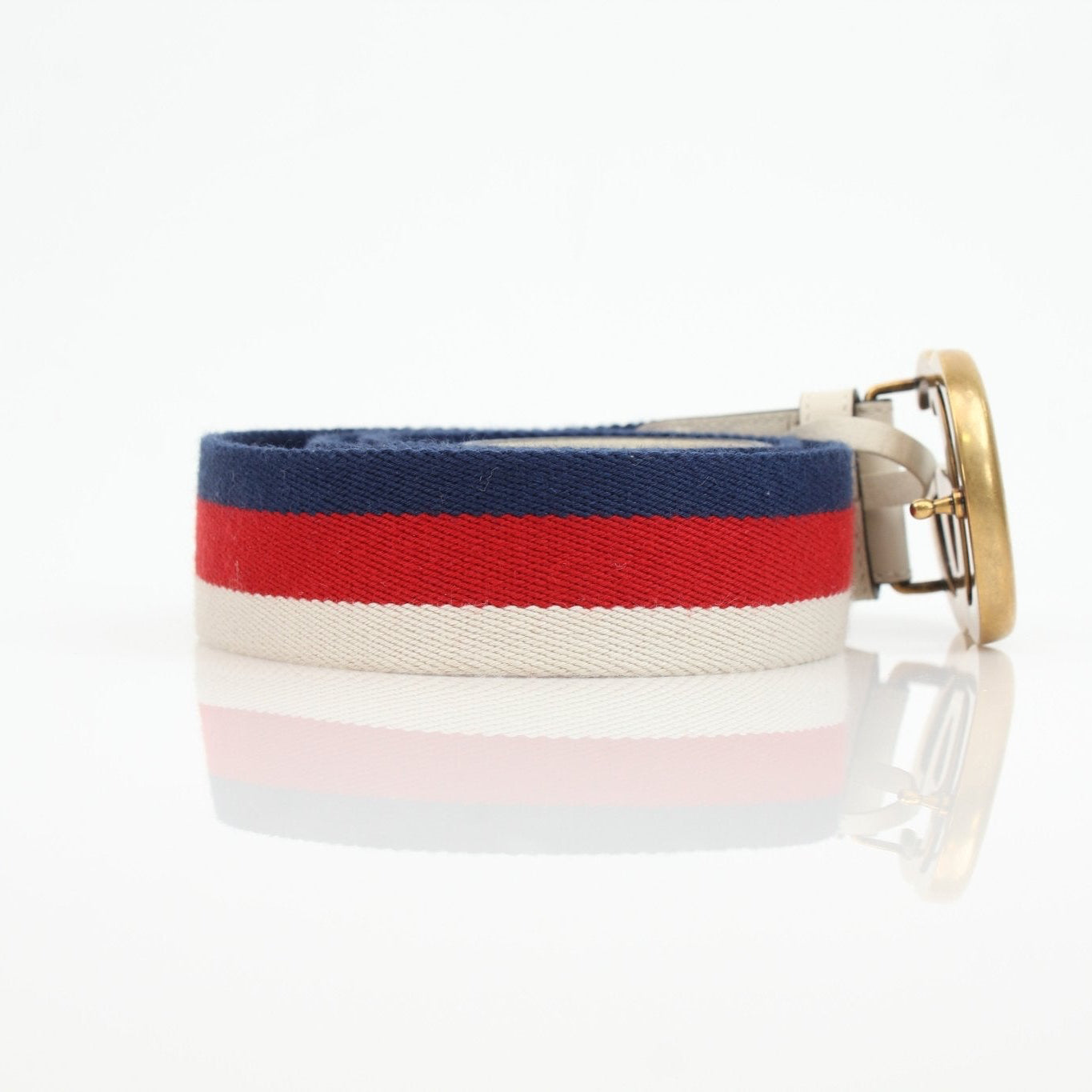 Gucci Marmont Web Canvas Belt with gold-tone buckle, stylish accessories with signature GG logo and green-red-green web stripe.