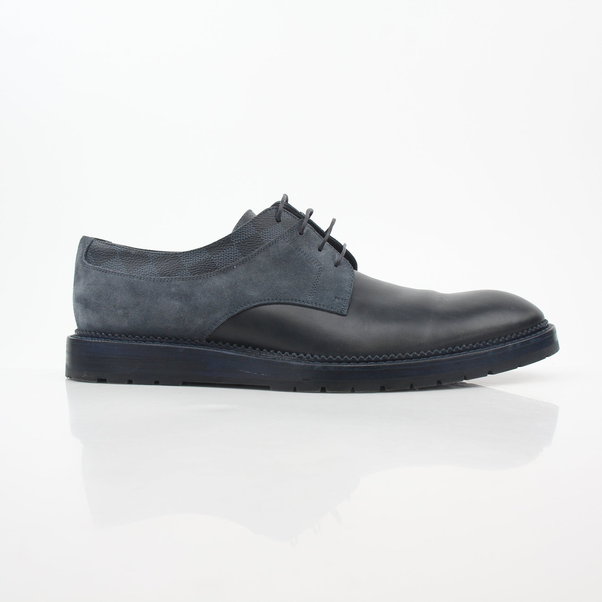 Louis Vuitton Black and Charcoal Damier Suede Derby Shoes with sleek design and detailed patterns, crafted by Gold & Beyond.