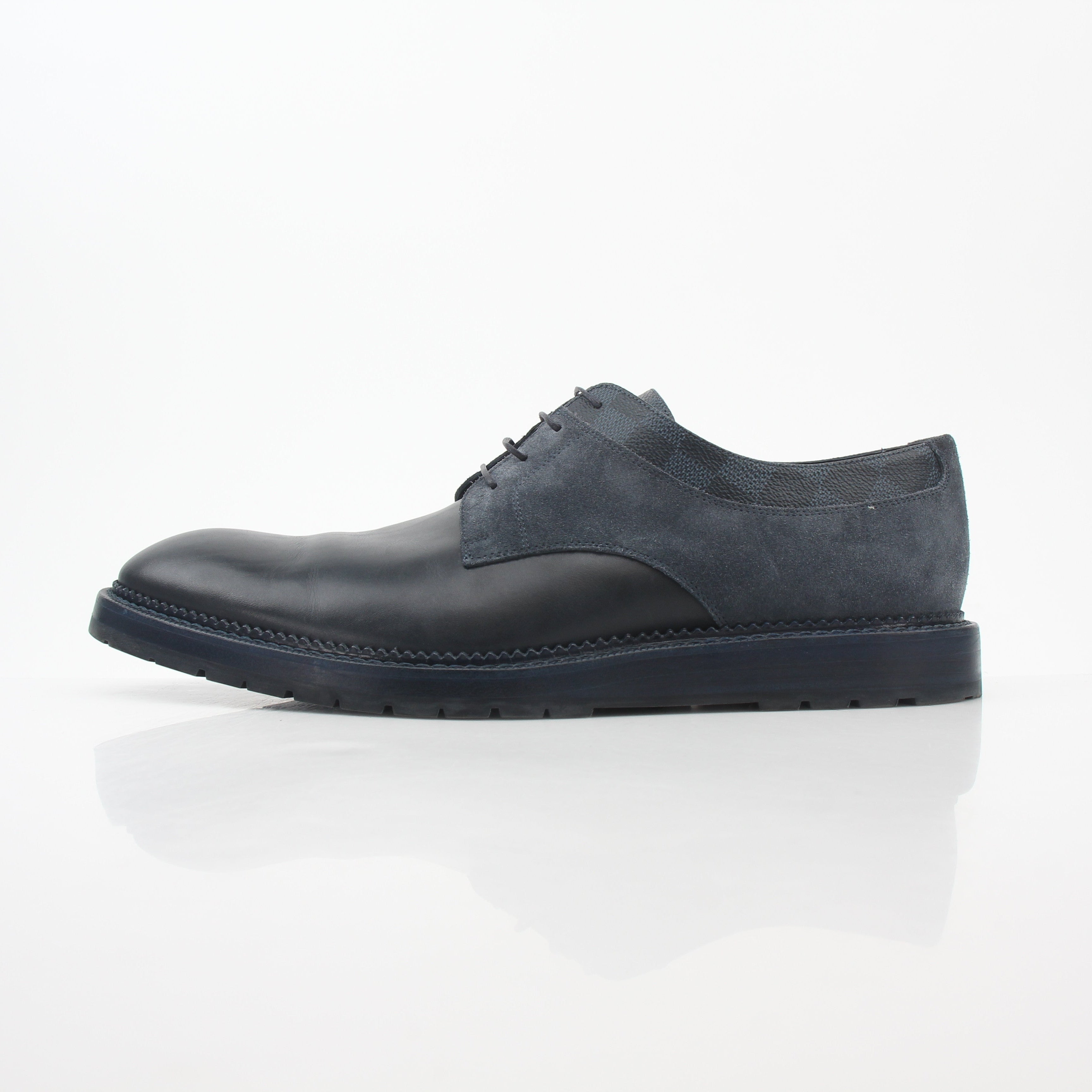 Louis Vuitton black and charcoal Damier suede derby shoes with sleek design and classic lacing, stylish footwear by Gold & Beyond.