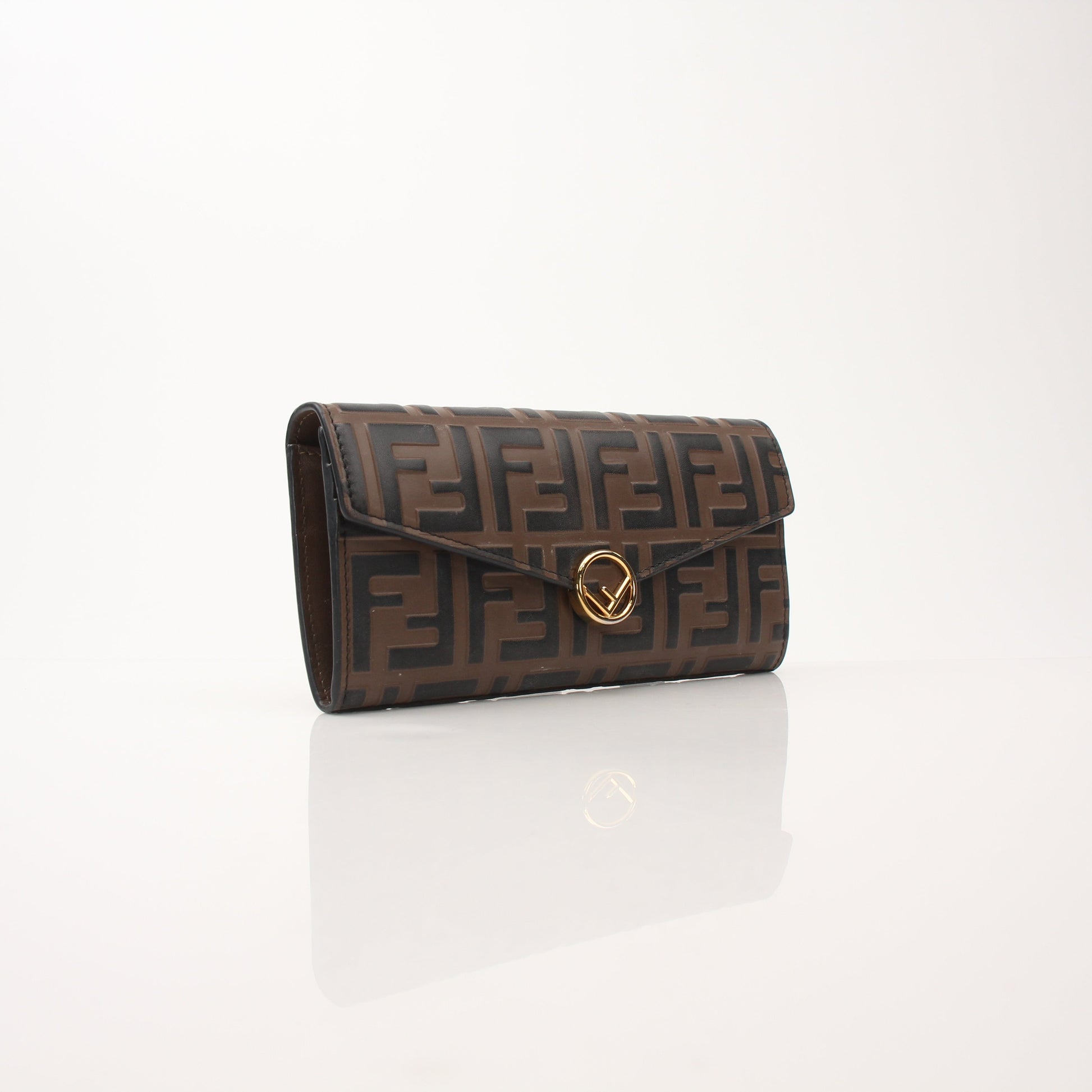 Gold & Beyond Fendi F Is Fendi continental envelope wallet on chain, showcasing luxurious leather design with gold-tone chain detail.