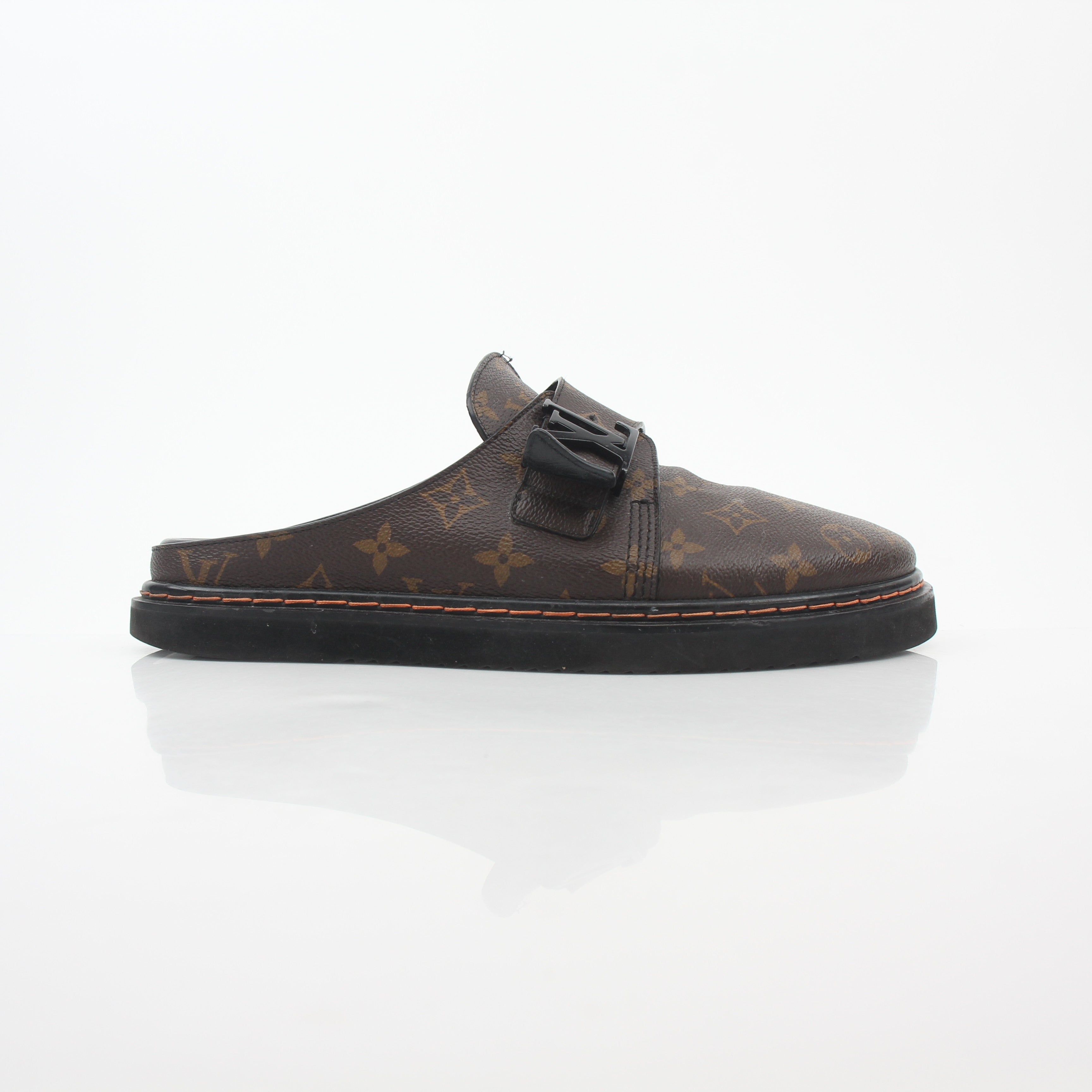 Louis Vuitton Monogram LV Line mule shoes by Gold & Beyond, featuring a stylish slip-on design with the iconic monogram pattern.