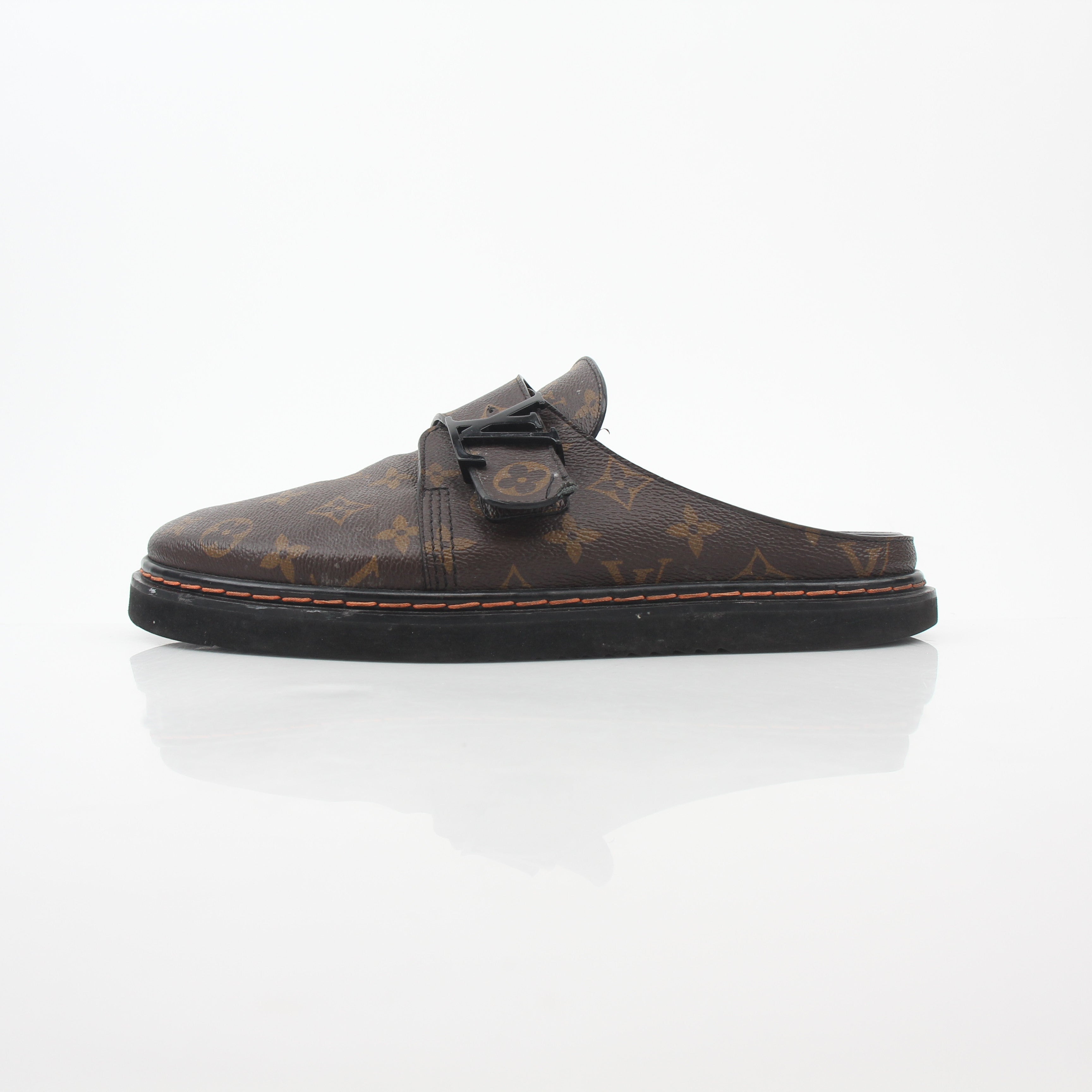 Louis Vuitton Monogram LV Line Mule Shoes by Gold & Beyond, featuring the iconic monogram pattern and stylish slip-on design.