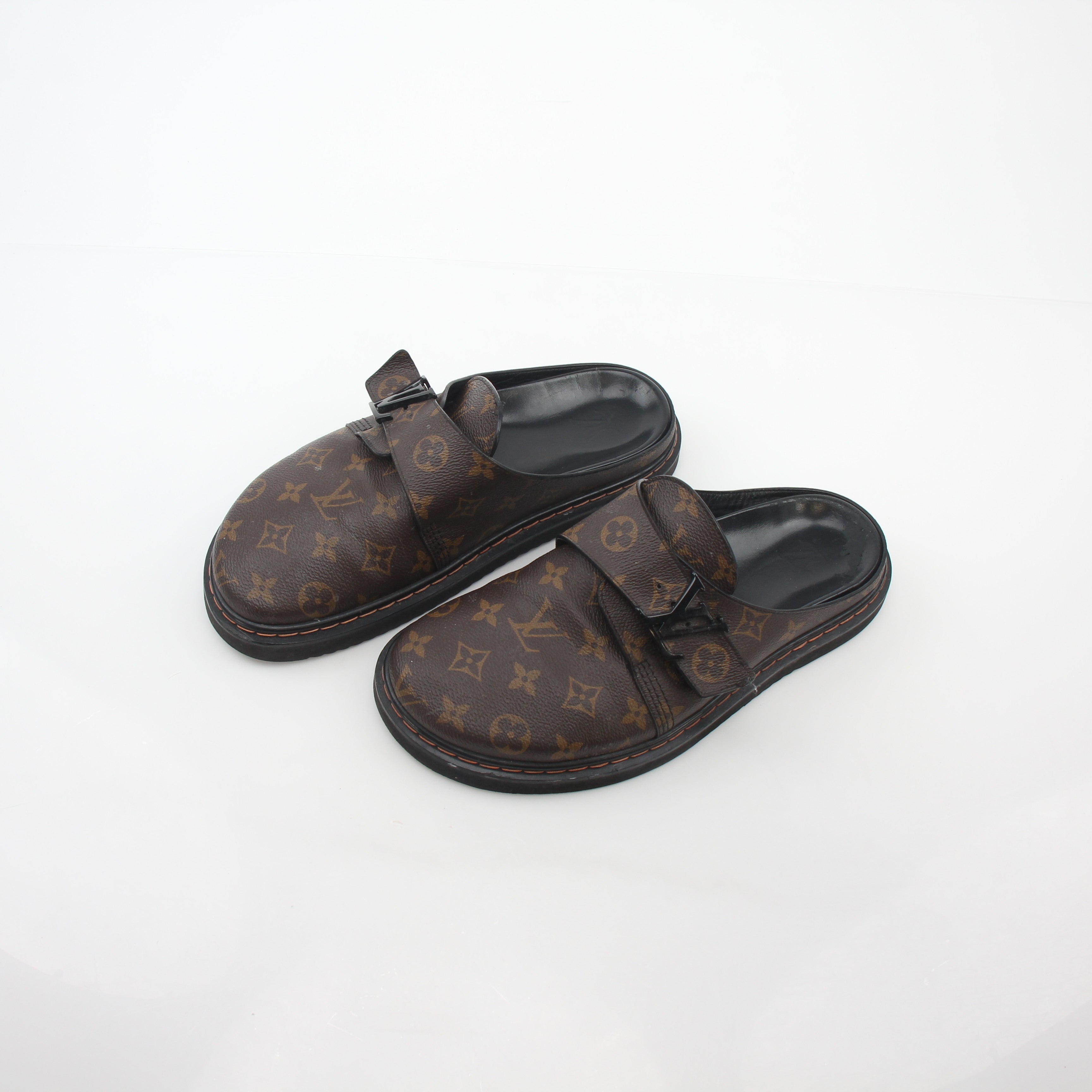 Louis Vuitton Monogram LV Line Mule Shoes by Gold & Beyond, stylish slip-on shoes with monogram pattern and cushioned soles.