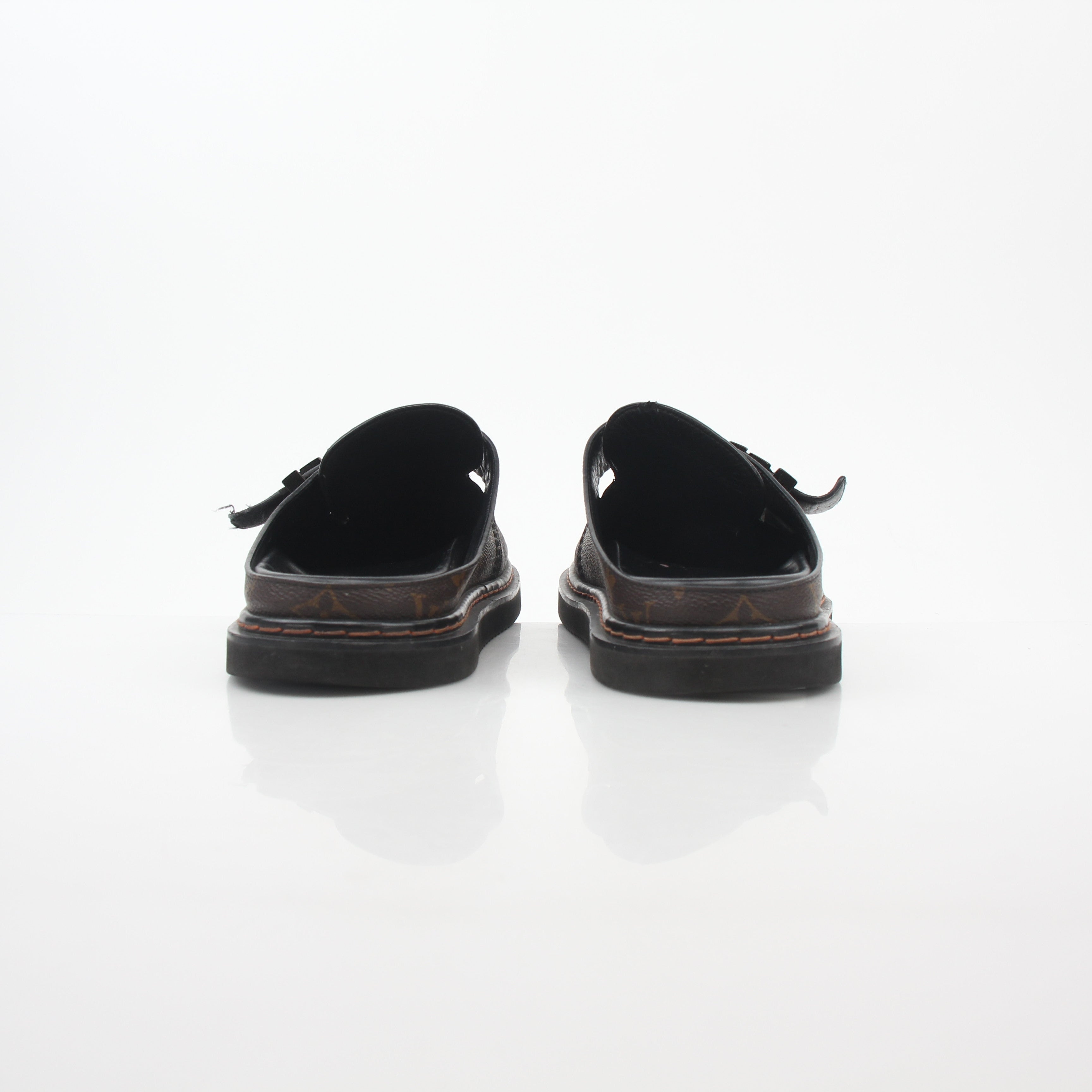 Louis Vuitton Monogram LV Line Mule Shoes by Gold & Beyond, featuring signature monogram pattern and stylish slip-on design.