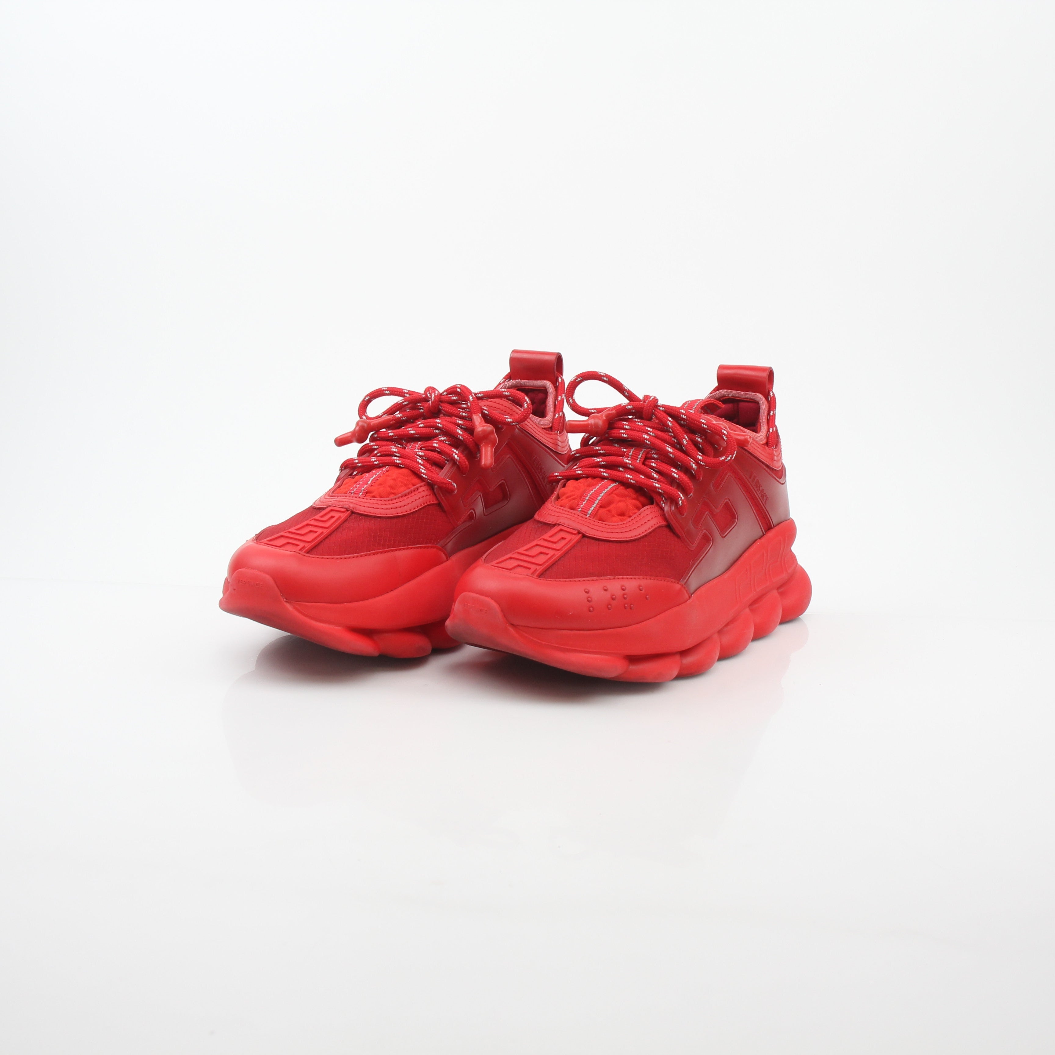 Gold & Beyond Versace Red Chain Reaction 2 Chainz sneakers, stylish shoes with bold red design and chain accents, front view.