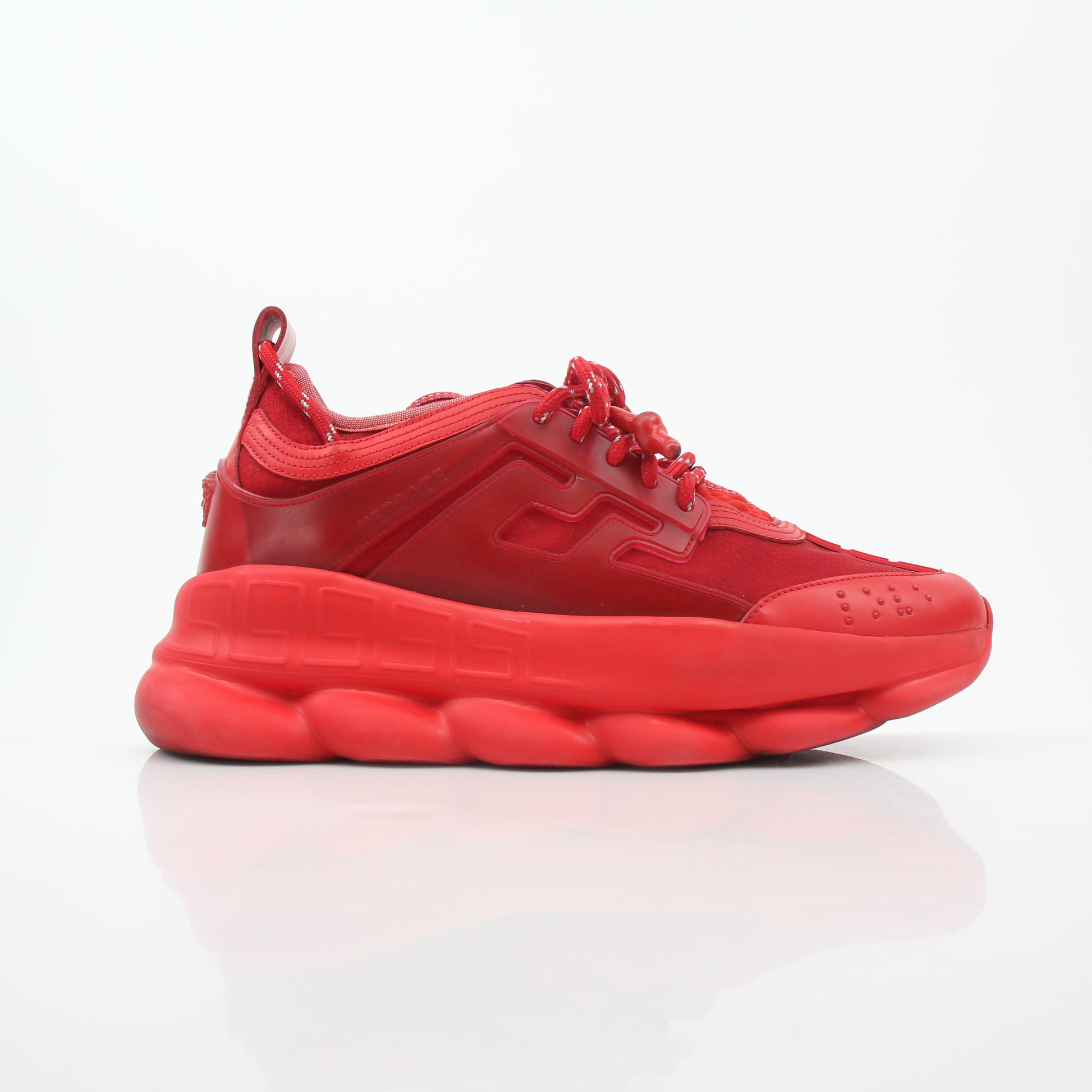 Gold & Beyond Versace Red Chain Reaction 2 Chainz sneakers, stylish shoes with bold red design and chain details.