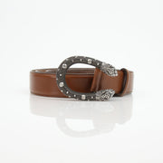 Brown Gucci Dionysus belt with gold-tone hardware, featuring signature GG logo and detailed leather strap, stylish accessories for men and women.