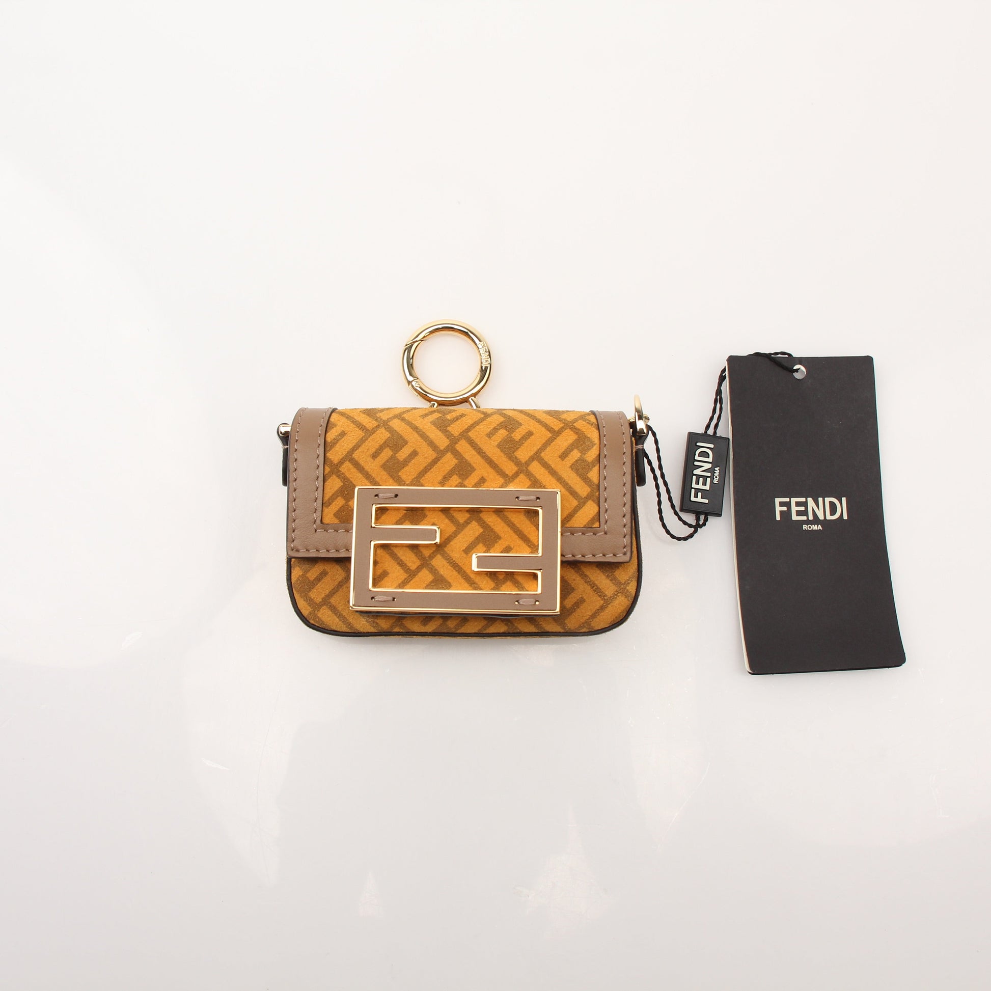 Fendi Chain Baguette Charm Bag in Zucca suede with gold chain detail, compact handbag with signature design and logo accents.
