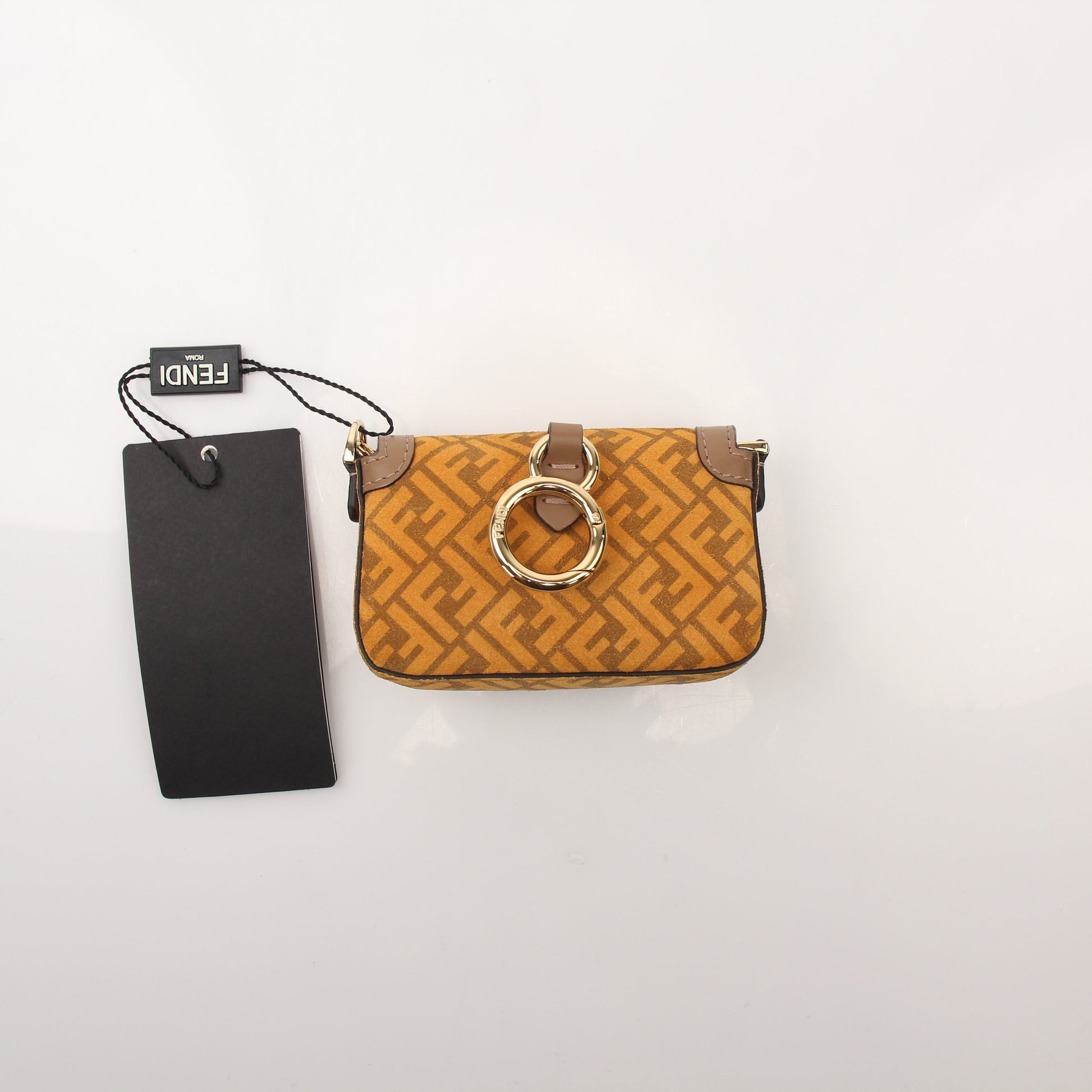 Fendi Chain Baguette Charm Bag Zucca Suede Nano handbag with gold chain and charm details, featuring signature Zucca pattern.