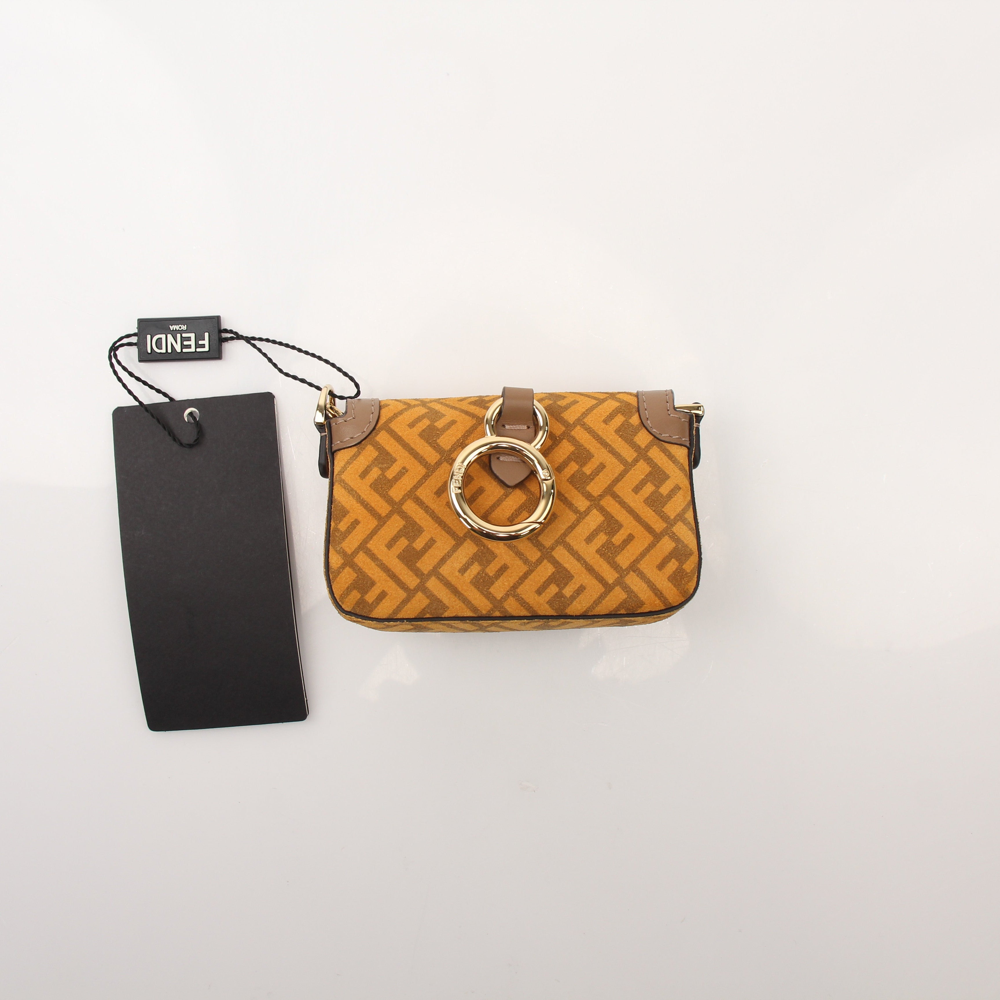 Fendi Chain Baguette Charm Bag Zucca Suede Nano handbag with gold chain and charm details, featuring signature Zucca pattern.
