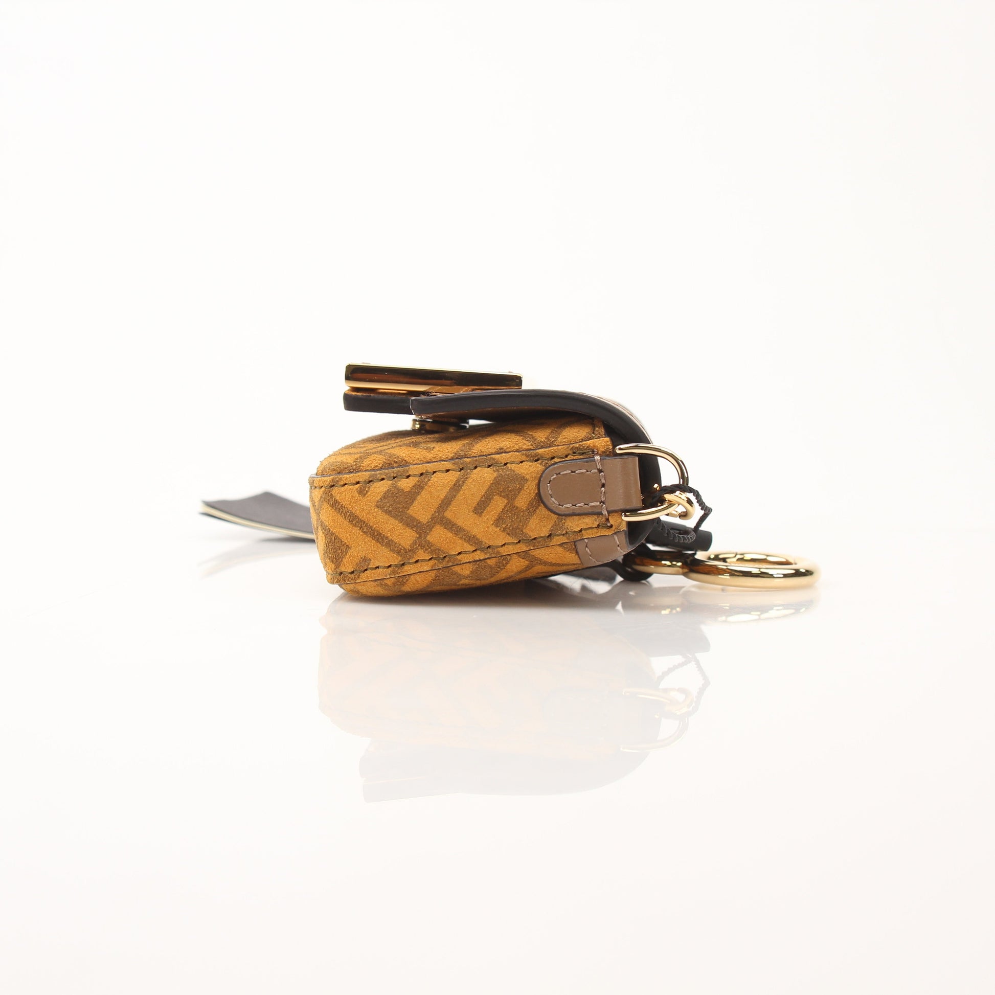Fendi Chain Baguette Charm Bag in Zucca suede with gold chain detail, featuring a compact, stylish handbag design.