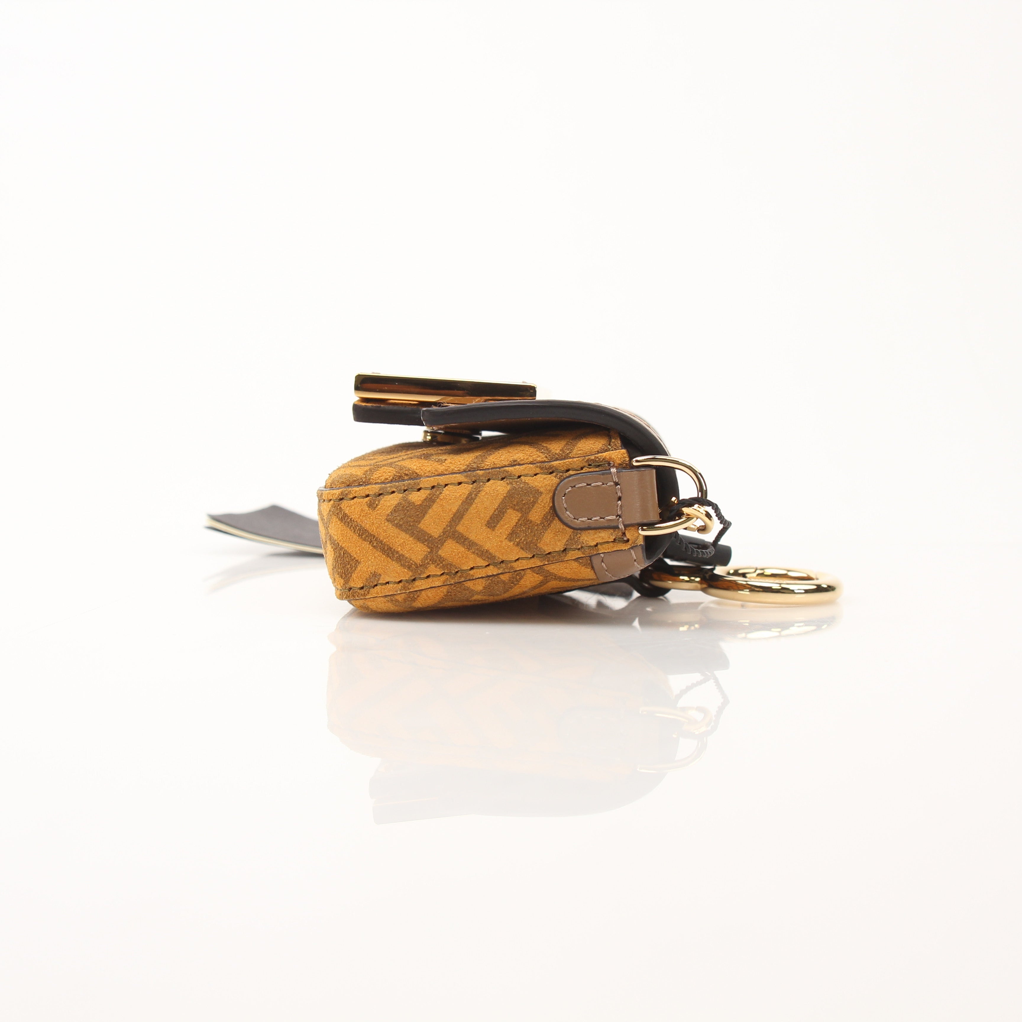 Fendi Chain Baguette Charm Bag in Zucca suede with gold chain detail, featuring a compact, stylish handbag design.