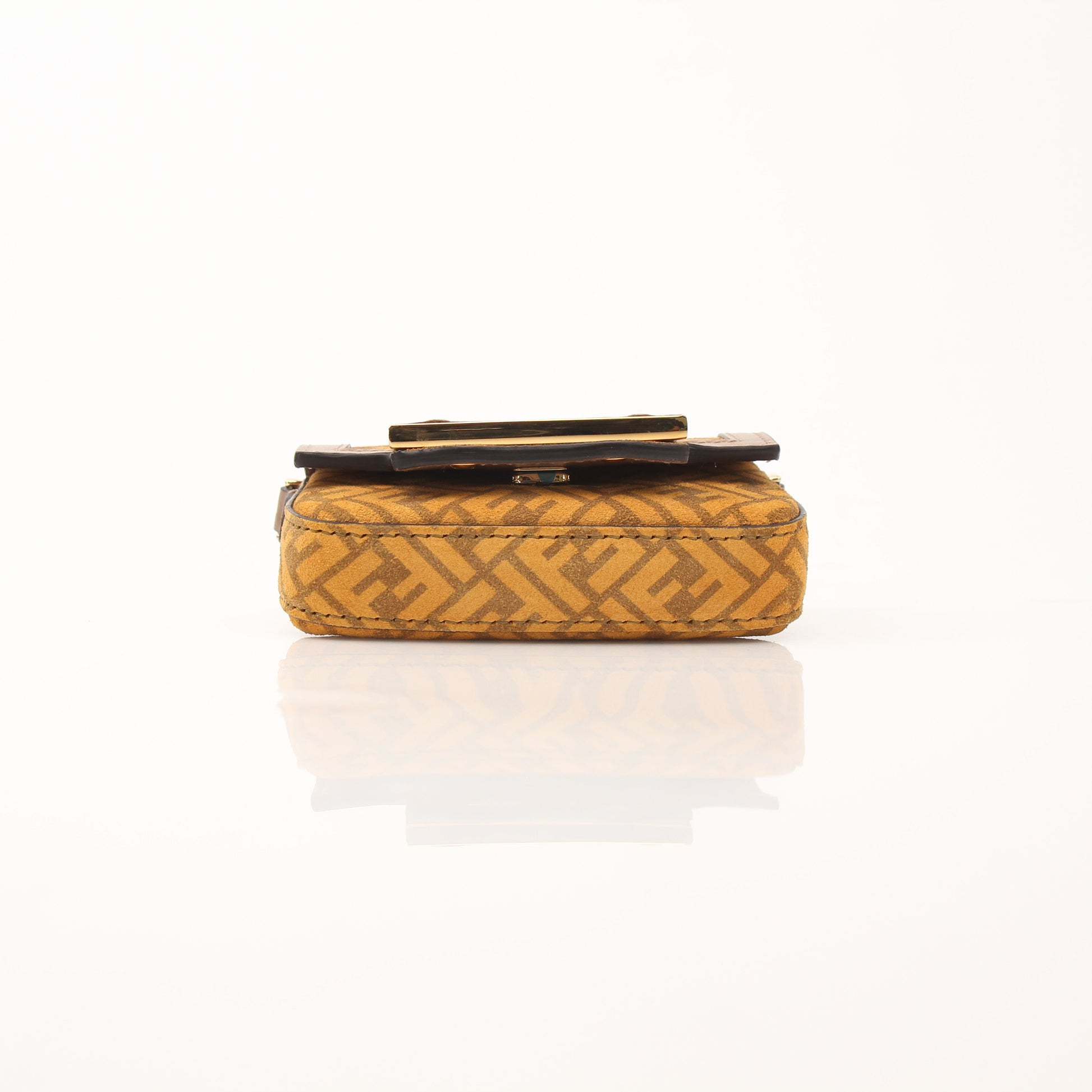 Fendi Chain Baguette Charm Bag Zucca Suede Nano handbag with gold chain and charm details, featuring a Zucca pattern.