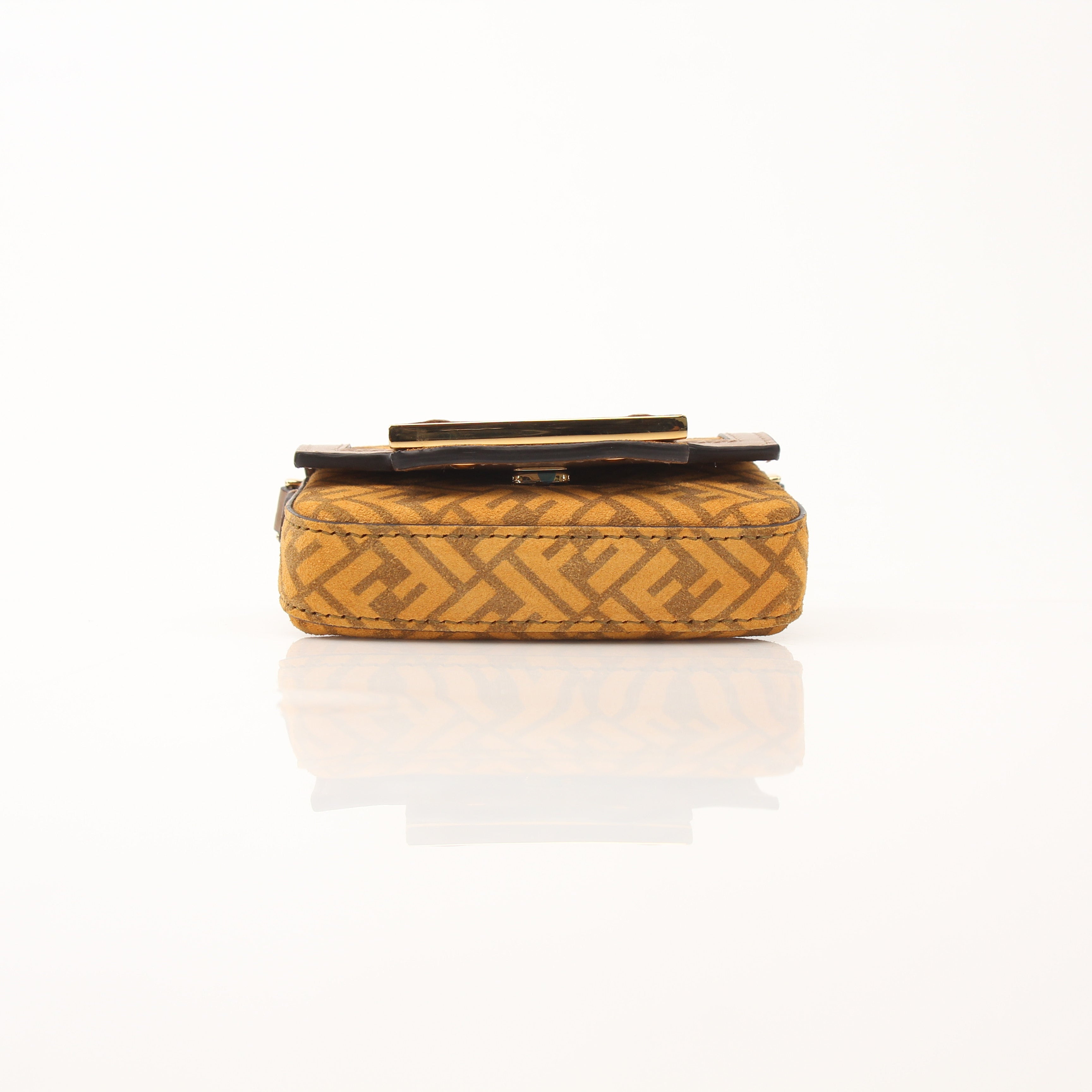 Fendi Chain Baguette Charm Bag Zucca Suede Nano handbag with gold chain and charm details, featuring a Zucca pattern.