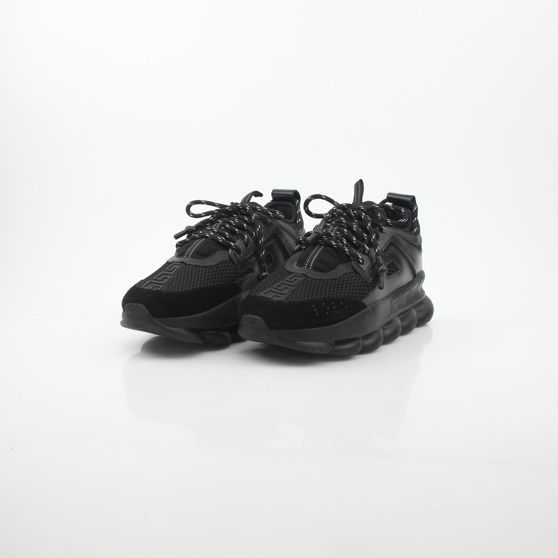 Versace Black Chain Reaction Sneakers by Gold & Beyond, stylish shoes with bold chain details and modern design.