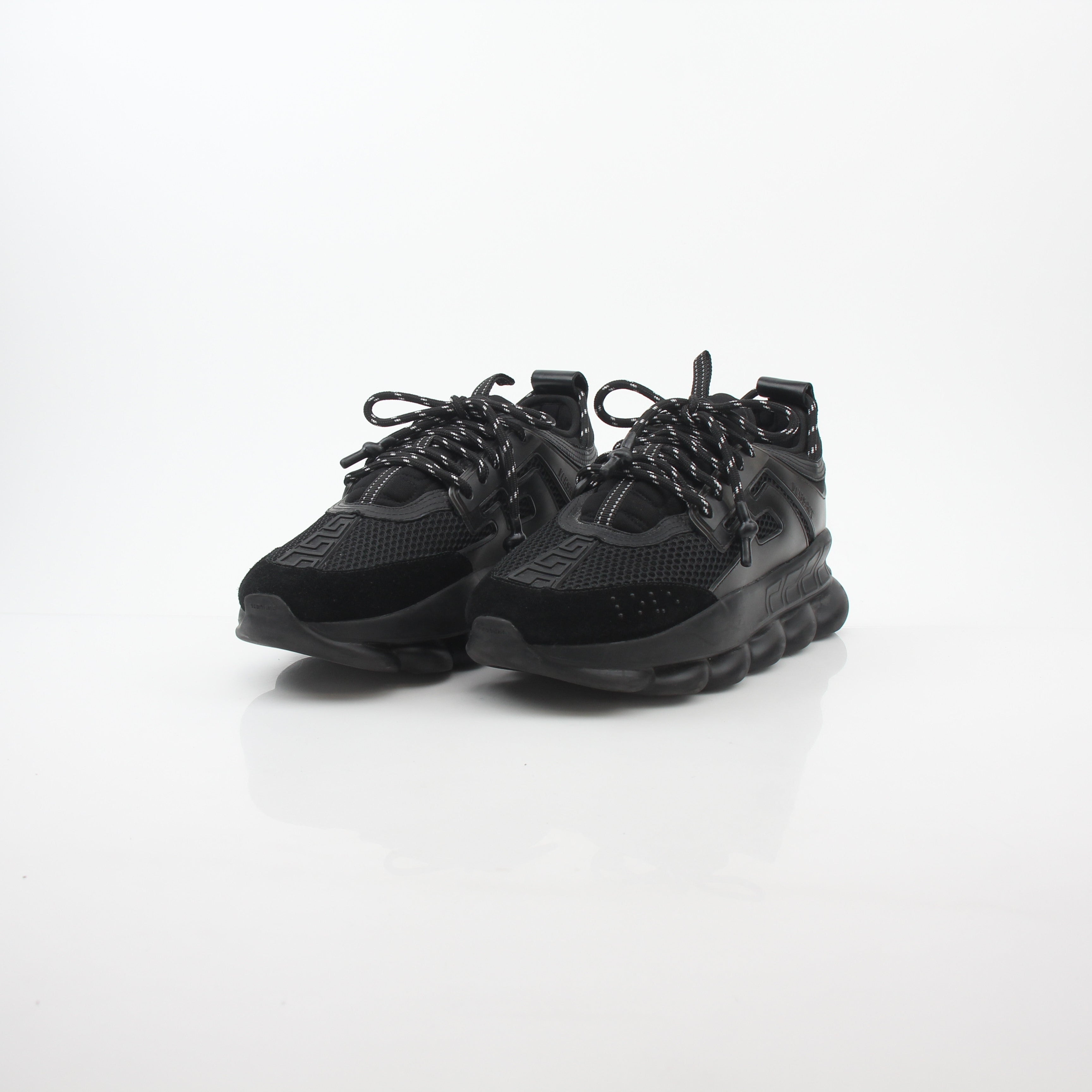 Versace Black Chain Reaction Sneakers by Gold & Beyond, stylish shoes with bold chain details and modern design.