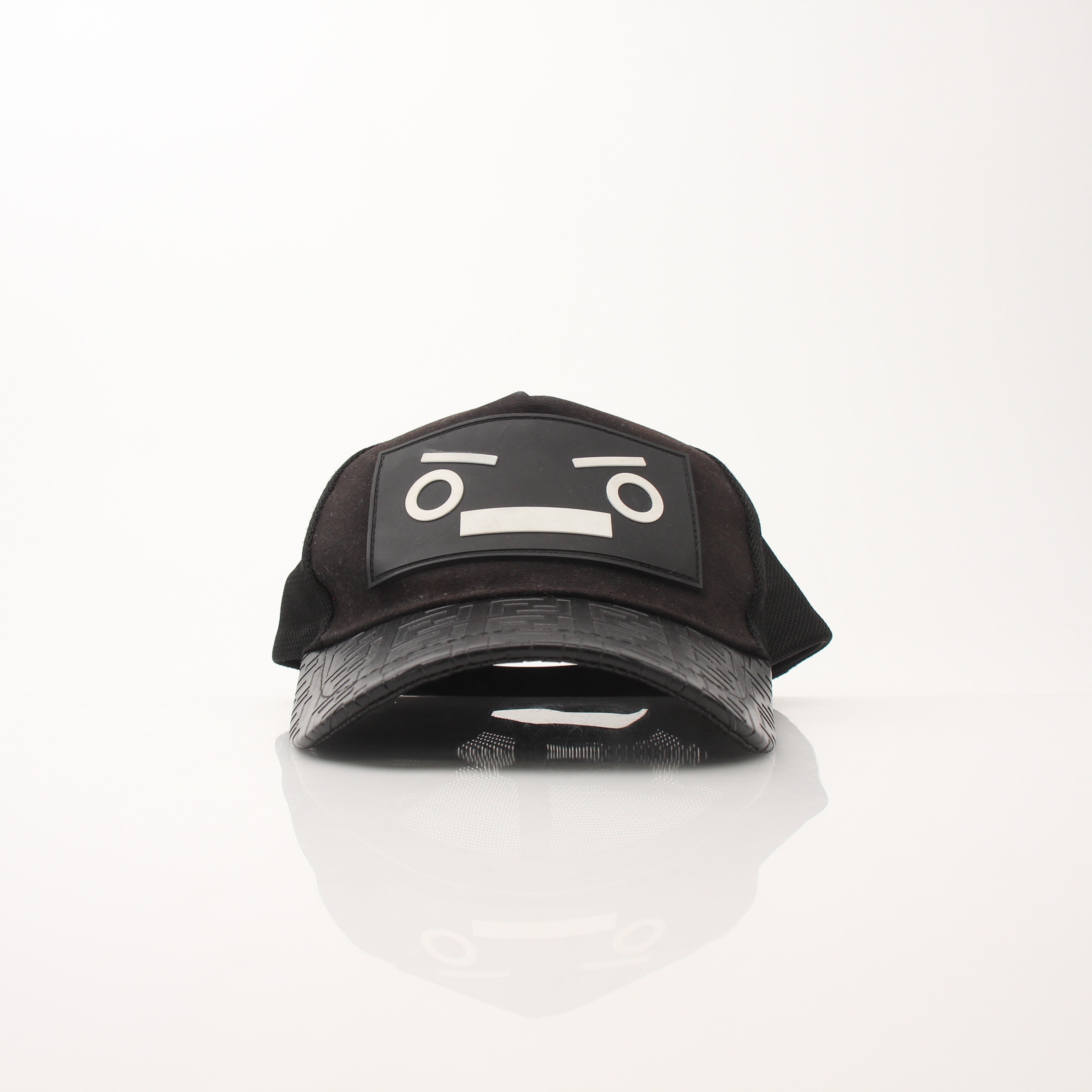 Fendi FF leather Bad Bugs robot trucker hat with adjustable strap, featuring bold logo and colorful embroidered design.