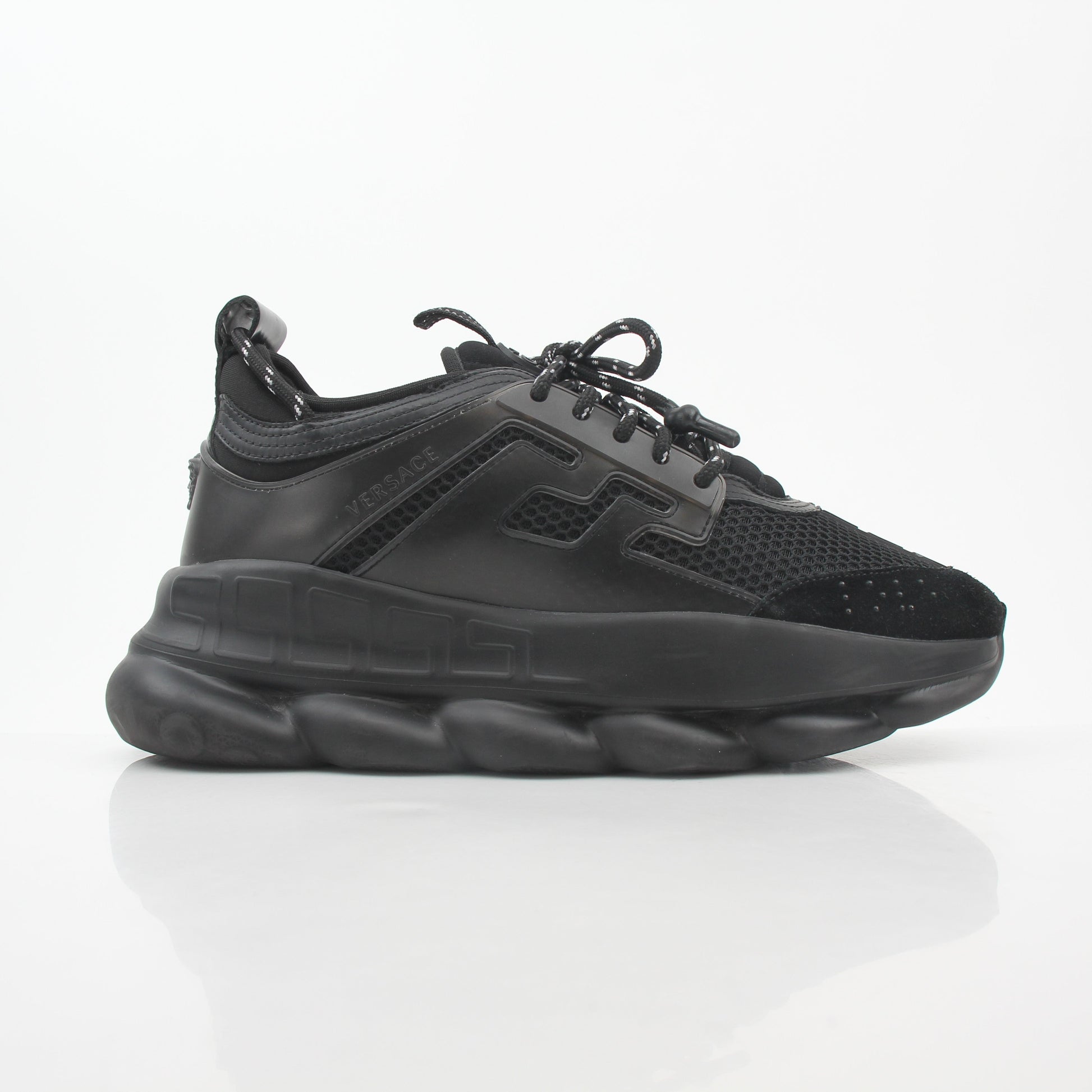 Versace Black Chain Reaction Sneakers by Gold & Beyond, stylish shoes with bold chain details and sleek black design.