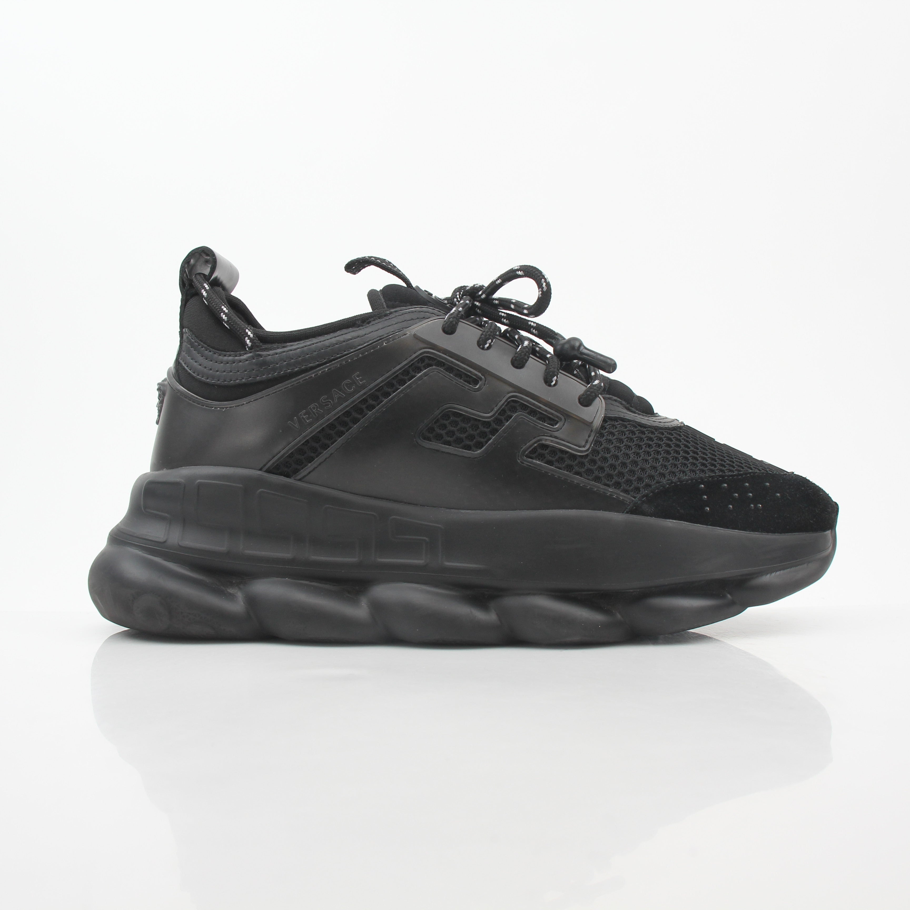 Versace Black Chain Reaction Sneakers by Gold & Beyond, stylish shoes with bold chain details and sleek black design.