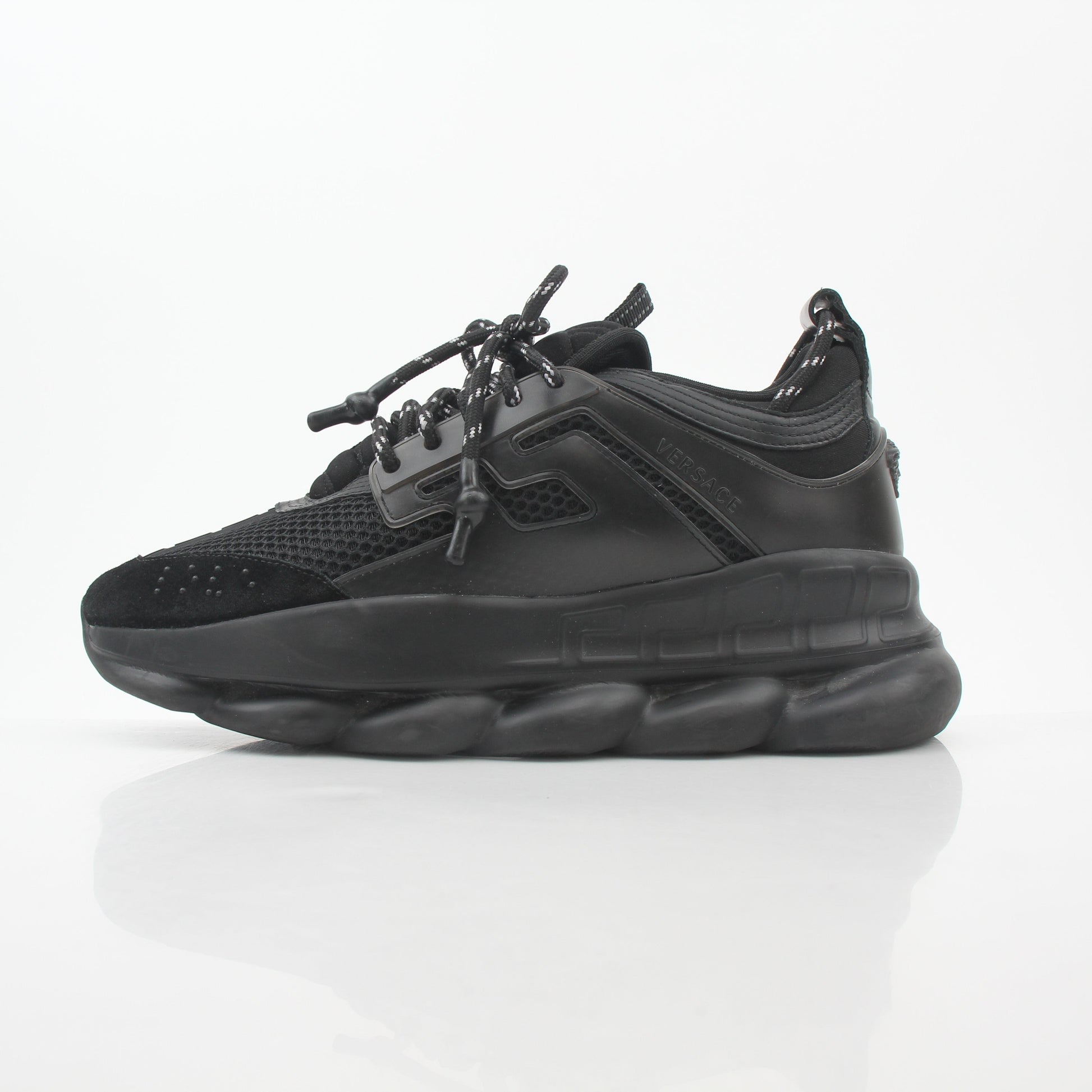 Versace Black Chain Reaction sneakers by Gold & Beyond, stylish black shoes with chain design and sporty sneaker style.