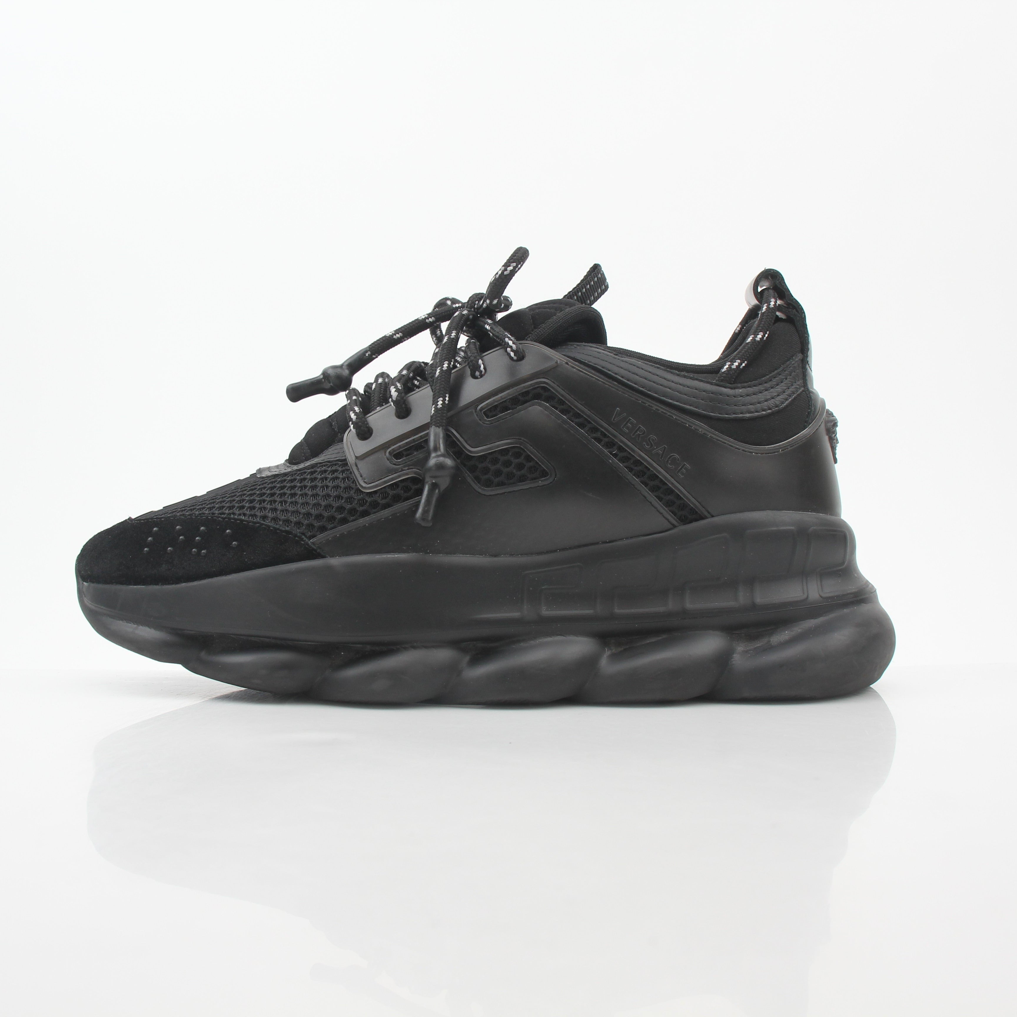 Versace Black Chain Reaction sneakers by Gold & Beyond, stylish black shoes with chain design and sporty sneaker style.