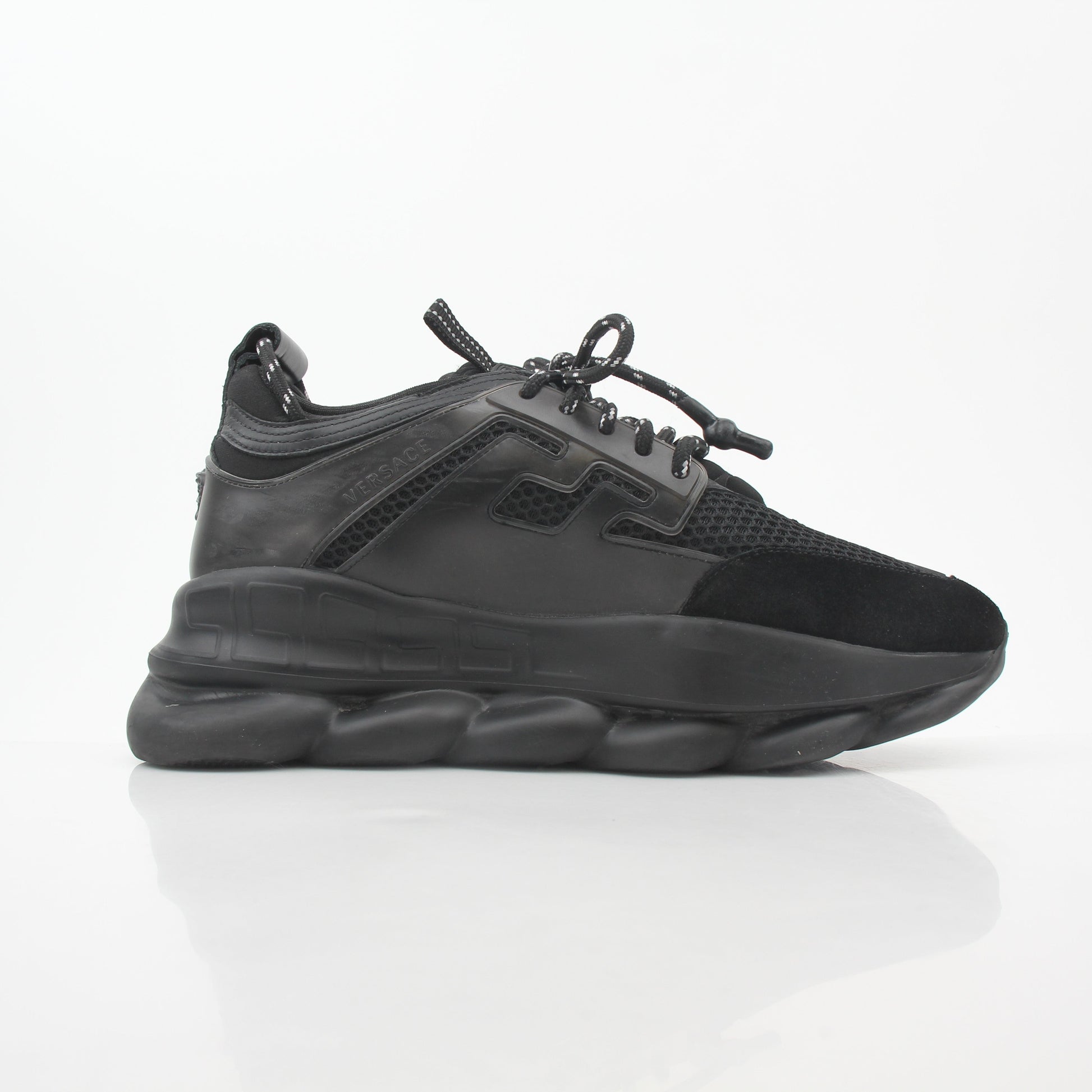 Versace Black Chain Reaction Sneakers by Gold & Beyond showing stylish black shoes with chain details and sporty design.