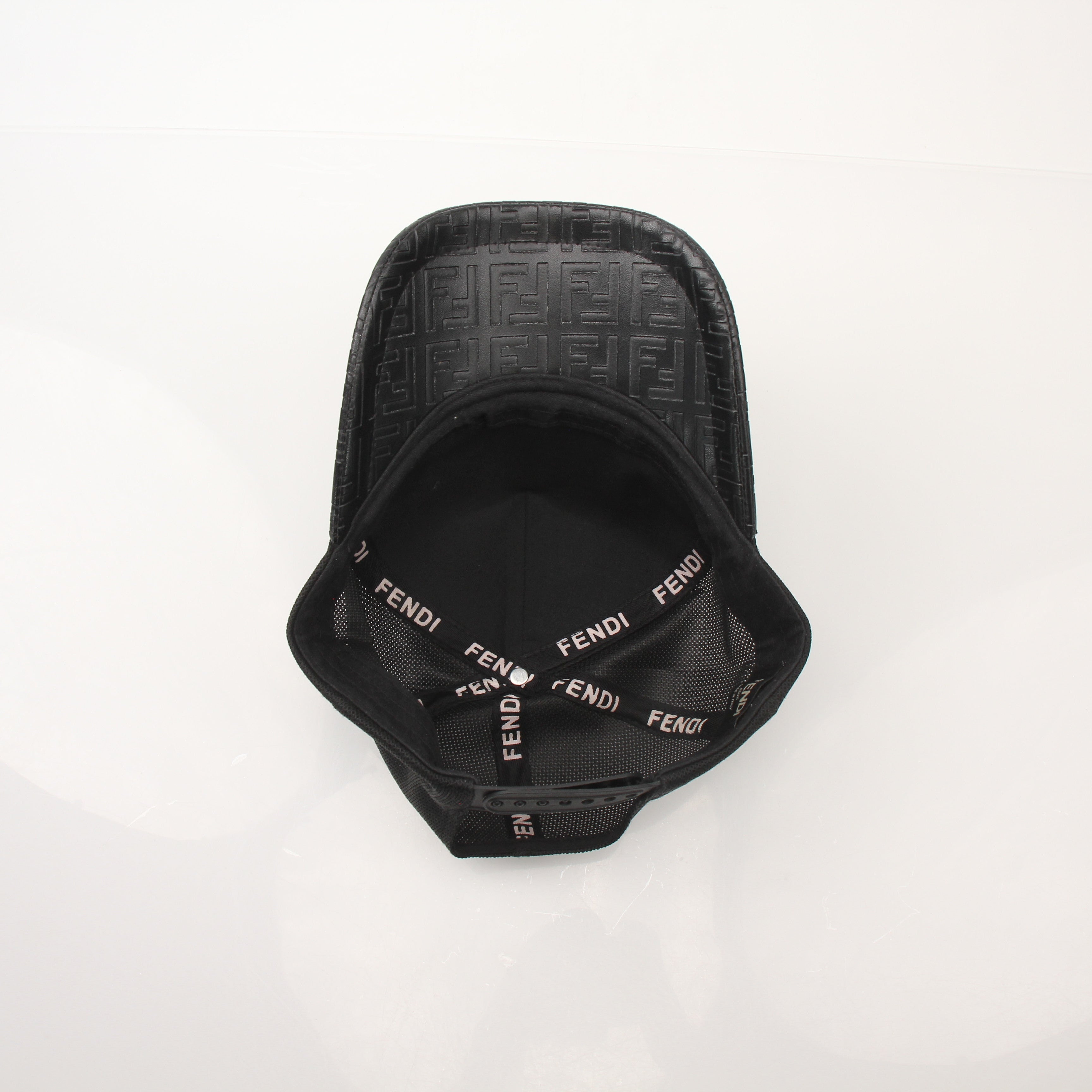 Fendi FF leather bad bugs robot trucker hat, stylish accessories with embroidered logo and adjustable mesh back.