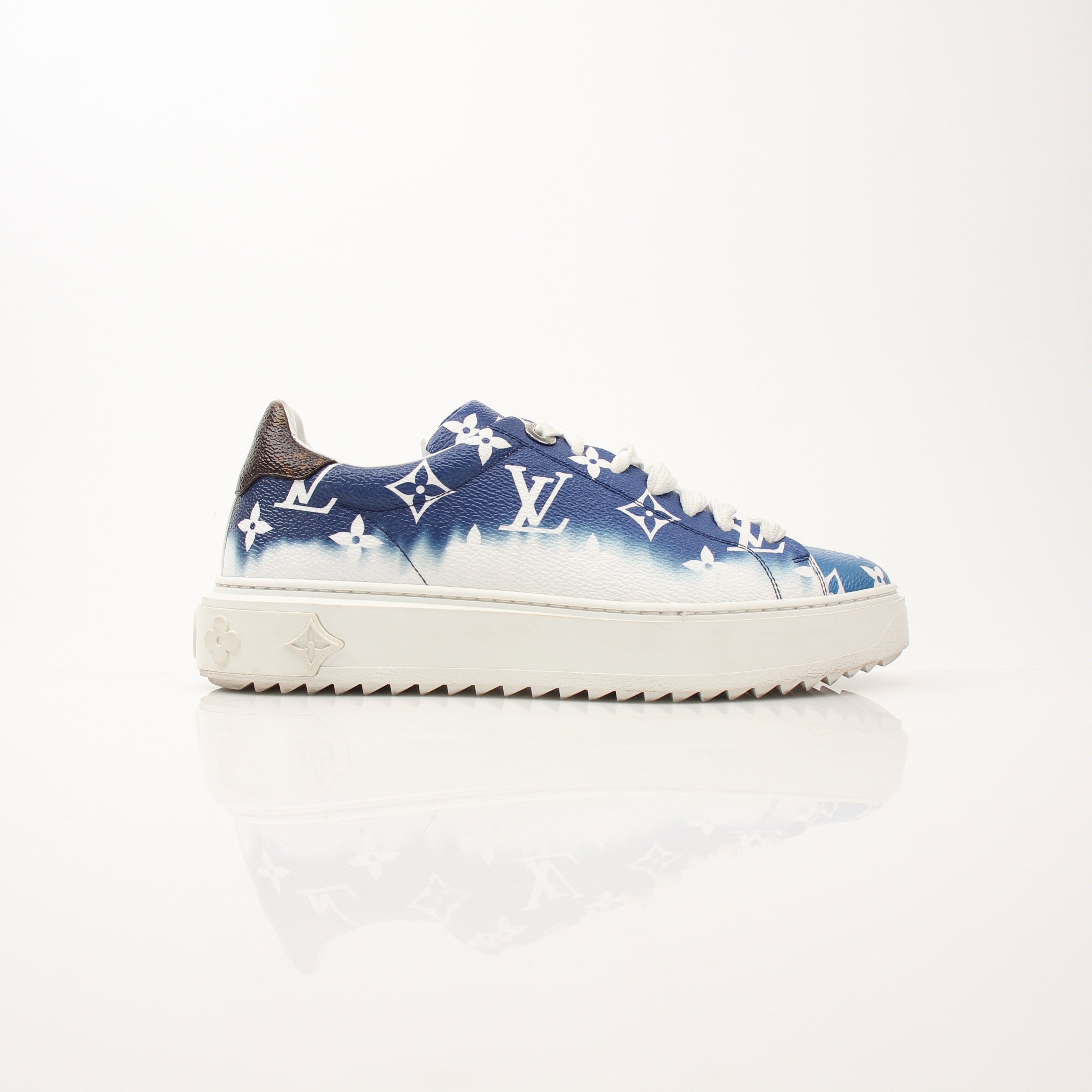Louis Vuitton Women’s Time Out Sneakers by Gold & Beyond, stylish shoes with white and gold accents, casual and comfortable footwear.
