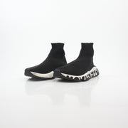 Black Balenciaga Speed Graffiti Sock Sneakers with graffiti-style design and sleek athletic silhouette, displayed on a white background.