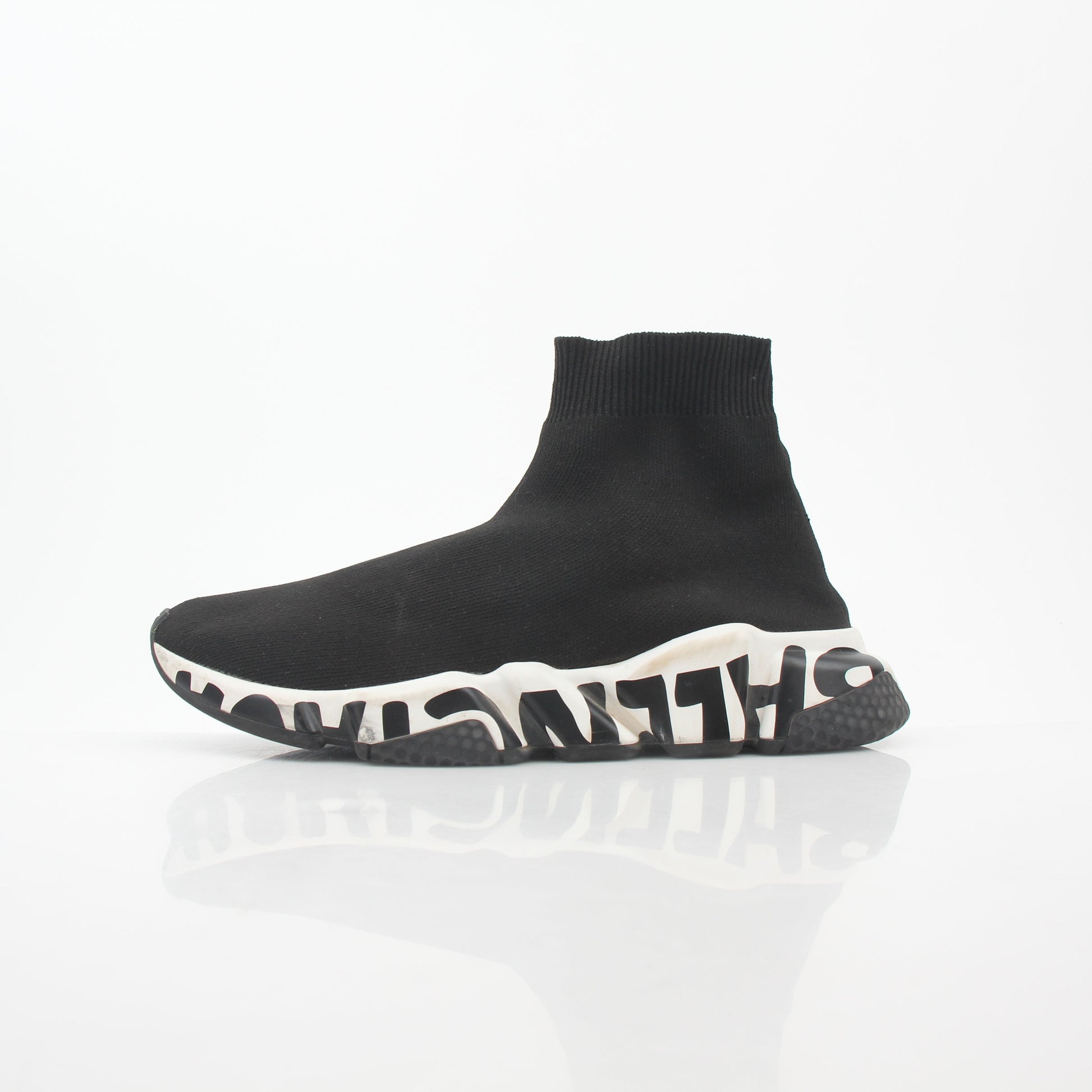 Black Balenciaga Speed Graffiti Sock Sneakers with bold graffiti design and sleek athletic style.