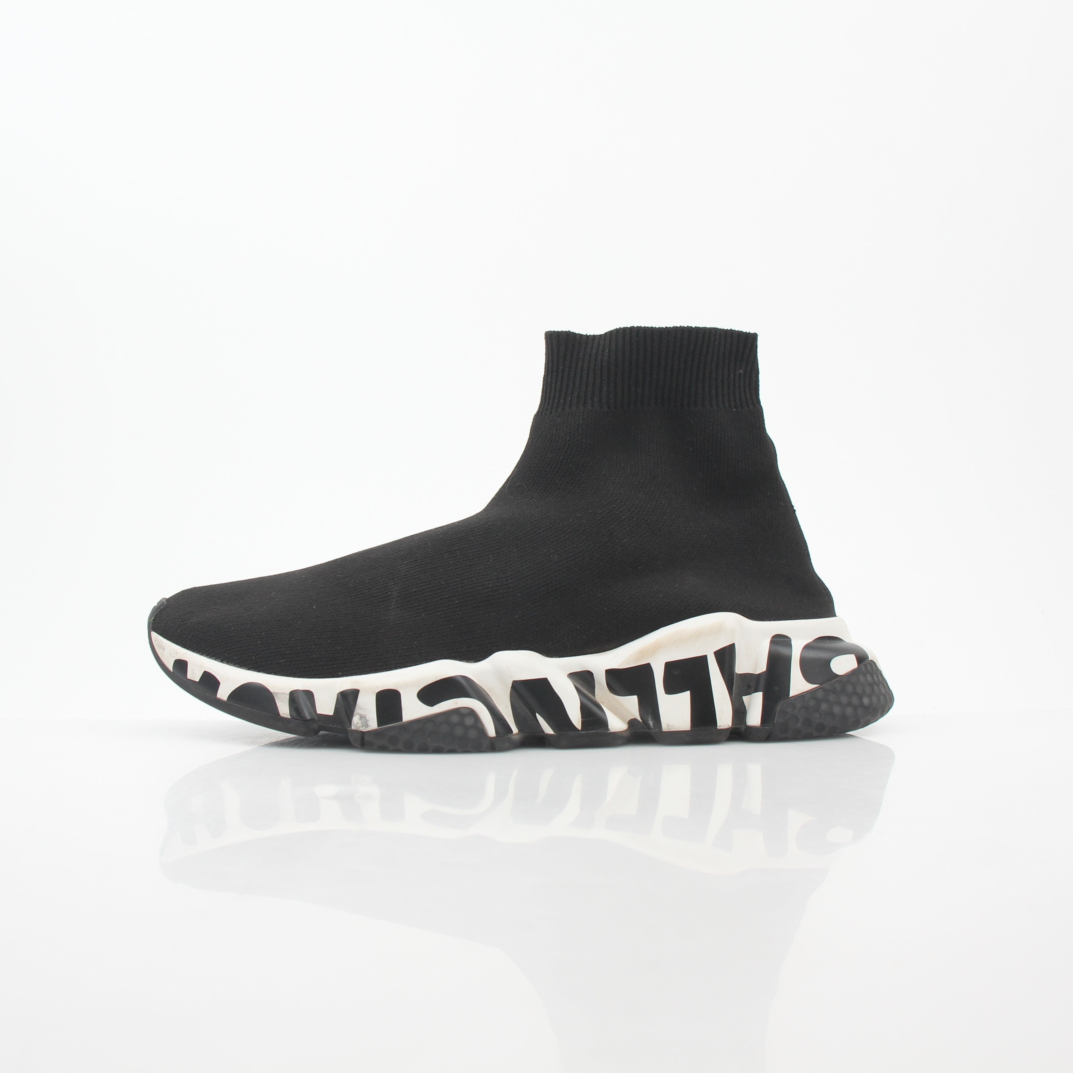 Black Balenciaga Speed Graffiti Sock Sneakers with bold graffiti design and sleek athletic style.