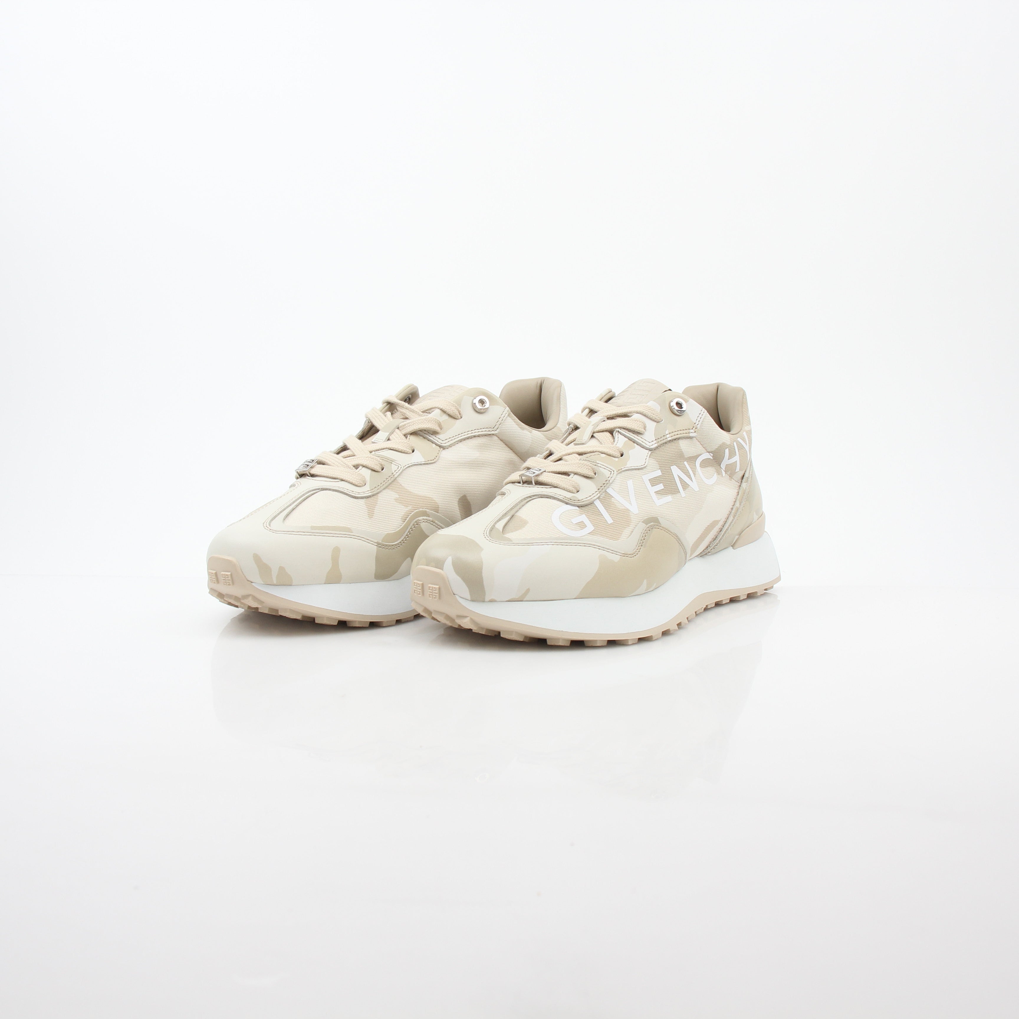 Givenchy beige GIV Runner logo camo sneakers by Gold & Beyond, showing the stylish shoes with logo and camo pattern.