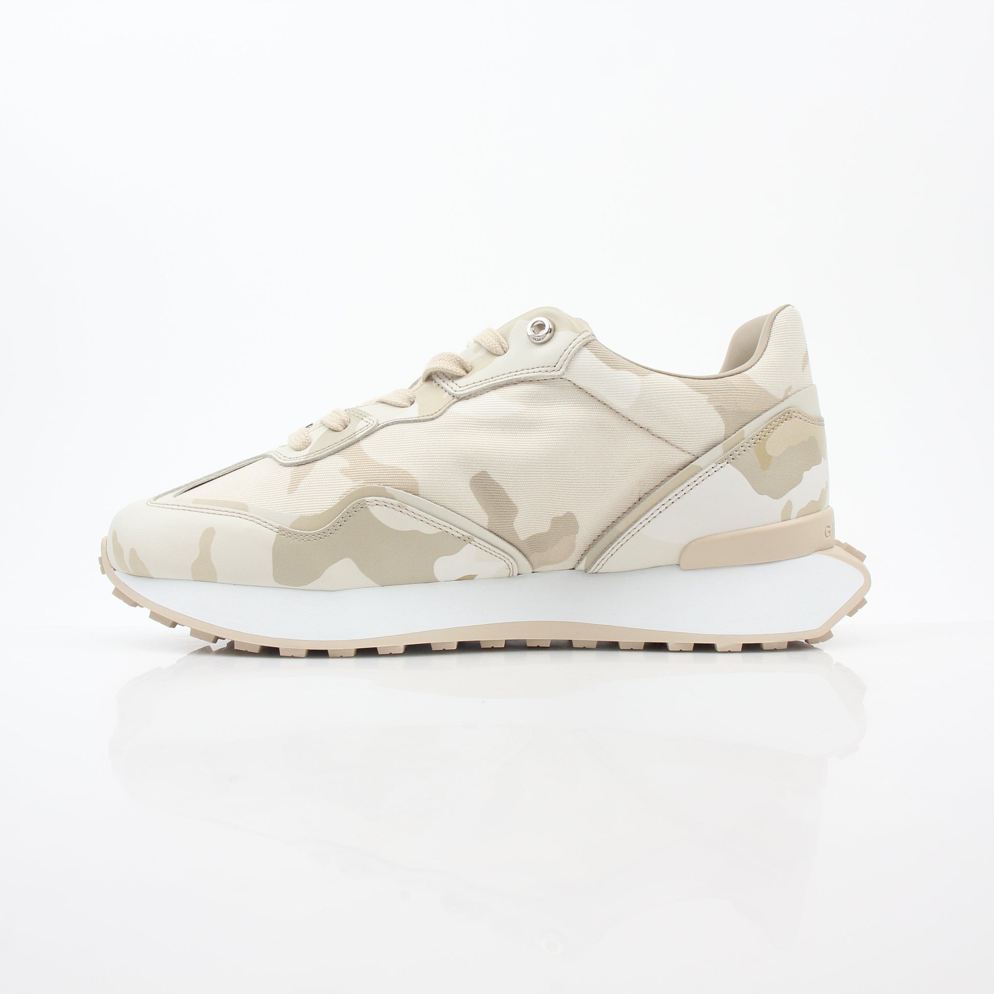 Givenchy beige GIV Runner logo camo sneakers, Gold & Beyond shoes with camouflage pattern and sporty design.