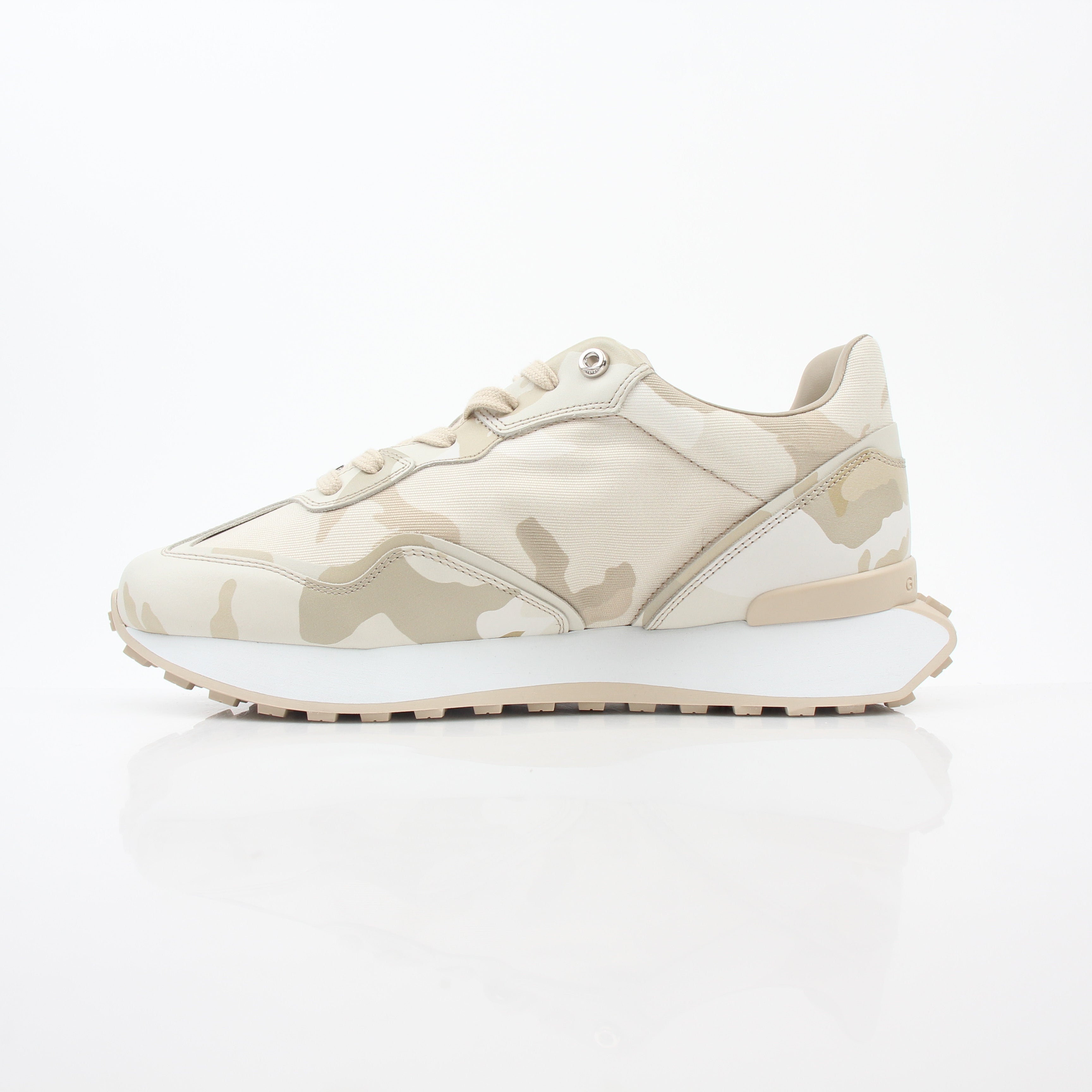 Givenchy beige GIV Runner logo camo sneakers, Gold & Beyond shoes with camouflage pattern and sporty design.