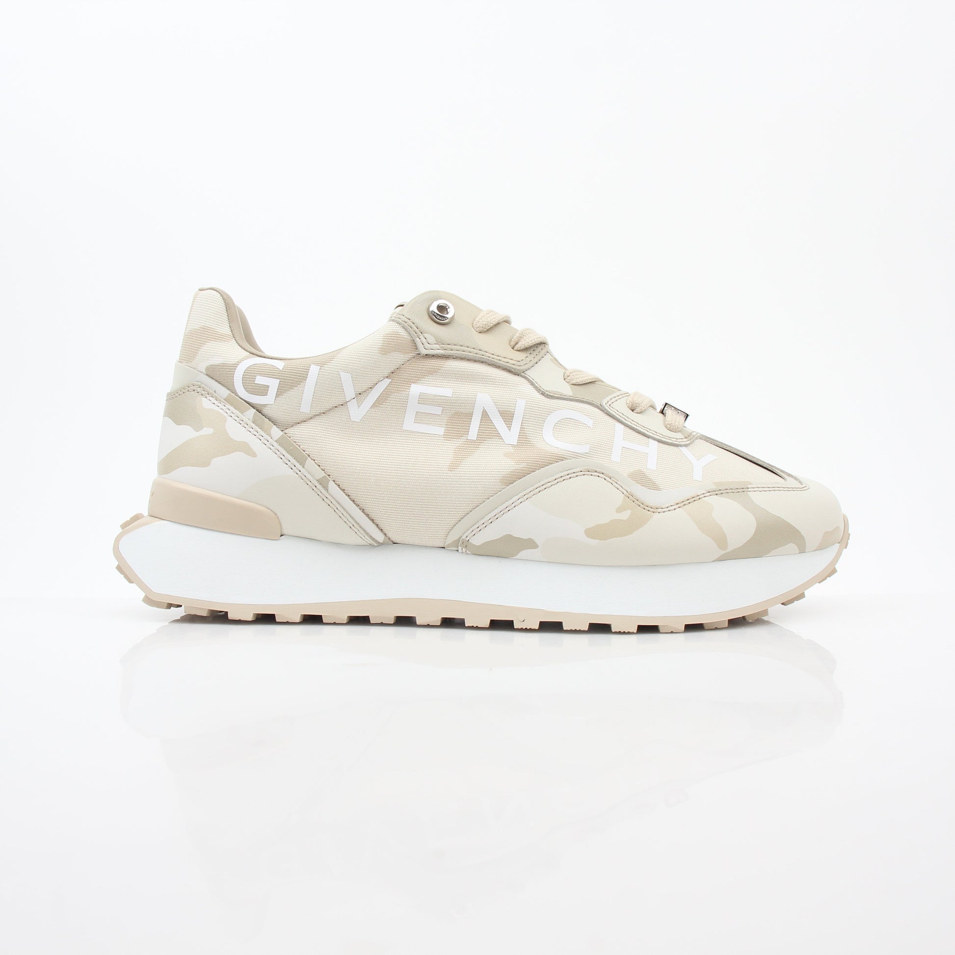 Givenchy beige GIV Runner logo camo sneakers, stylish shoes with logo details and camouflage design by Gold & Beyond