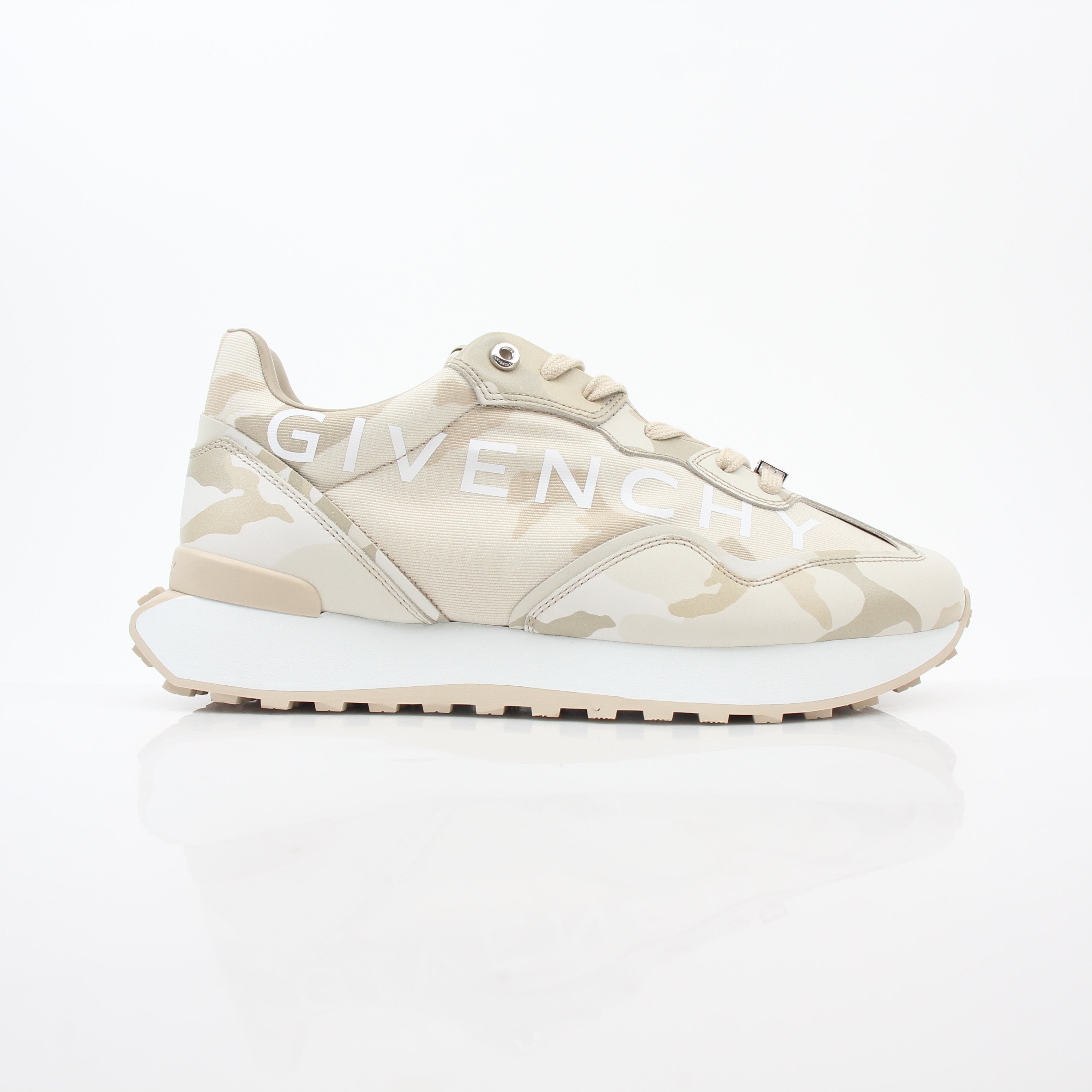 Givenchy beige GIV Runner logo camo sneakers, stylish shoes with logo details and camouflage design by Gold & Beyond